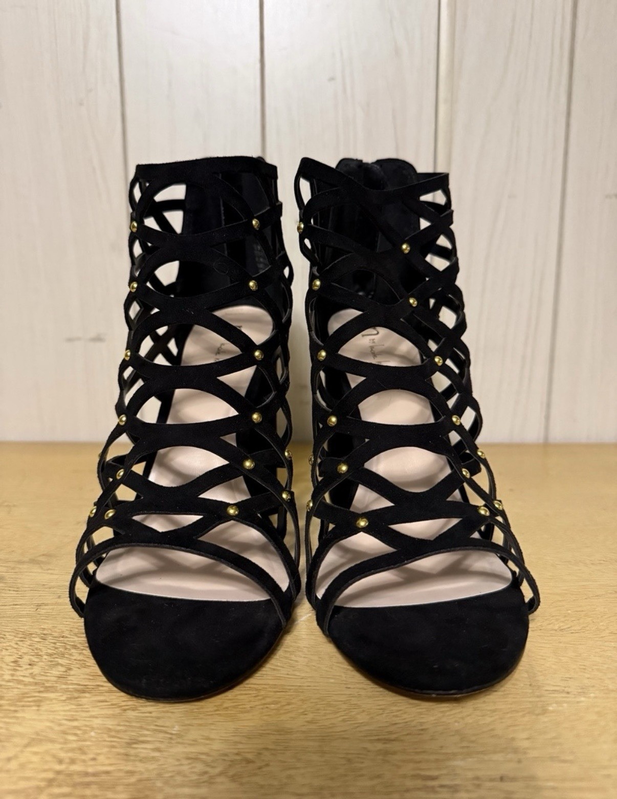 n by Nicole Miller Black Suede Strappy Studded Block Heel 10M