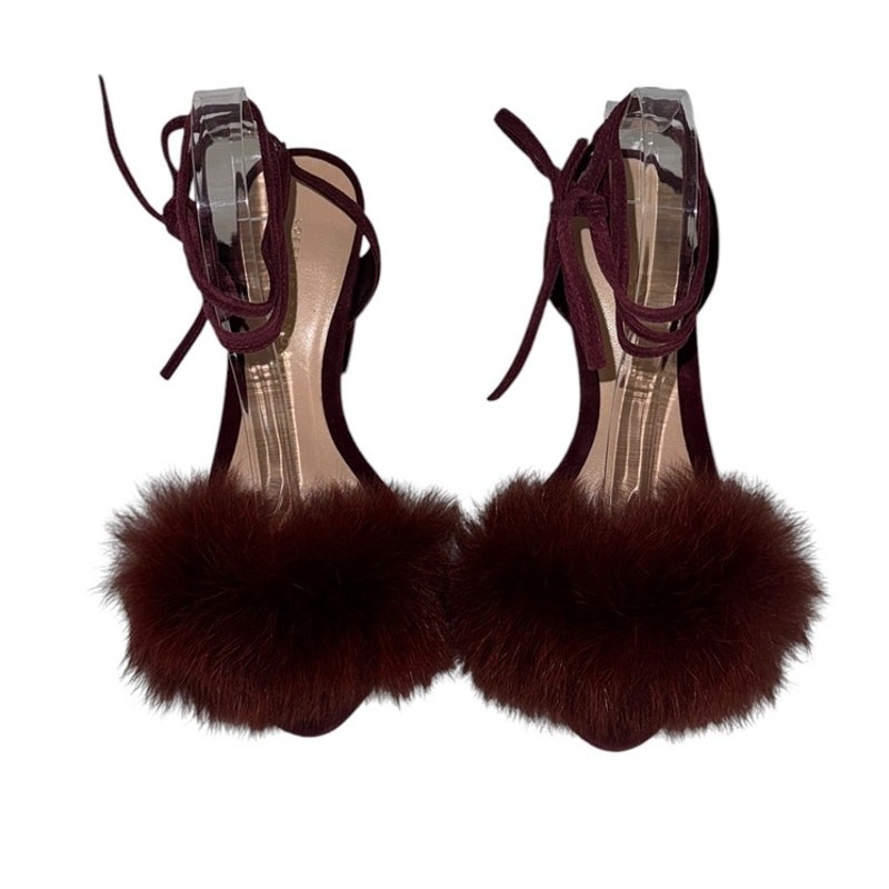 Loeffler Randall Nicolette Fox Fur Suede Ankle Tie Heel Sandals Size 6