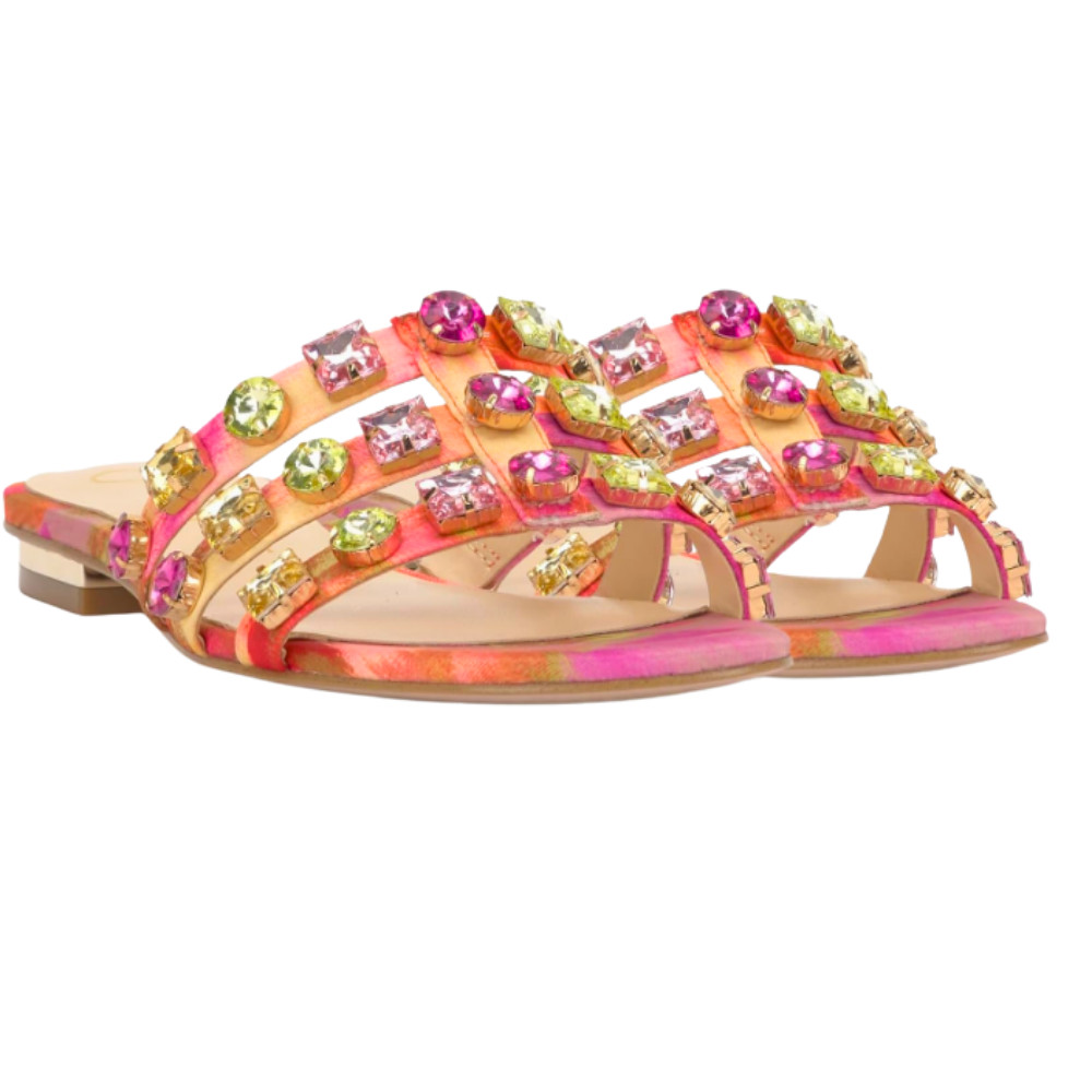 Jessica Simpson Women’s Detta Rhinestone Slip On Sandals Pink Red Combo 7.5 -NEW