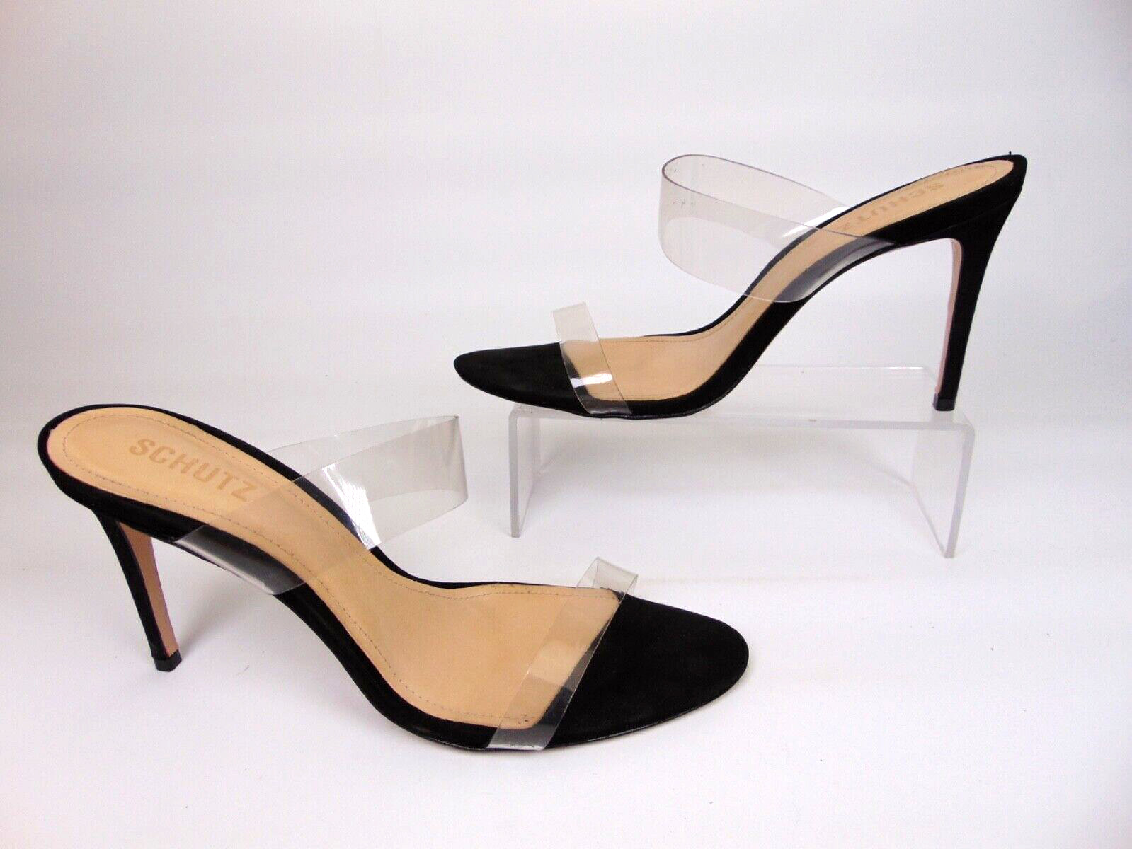 Schutz Womens Ariella Black Suede Slide Clear Heels Sandals Shoes Size 11.0 B,