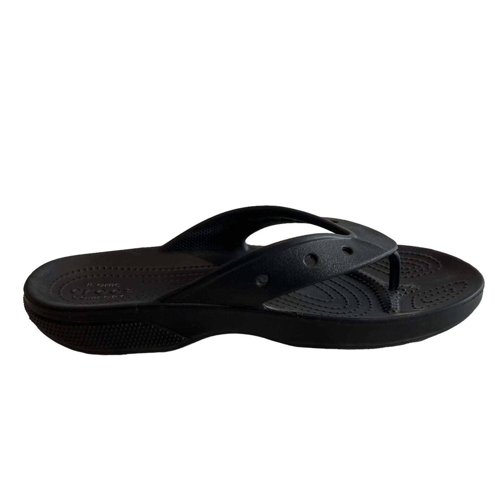Crocs Baya II Black Flip Flop Thong Sandals Die Cut Logo Women’s 10 / Men’s 8