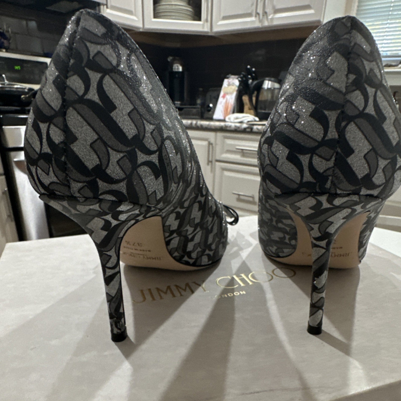 Jimmy Choo Silver Black Glitter Bow Logo Stiletto Pumps Women EU 37.5