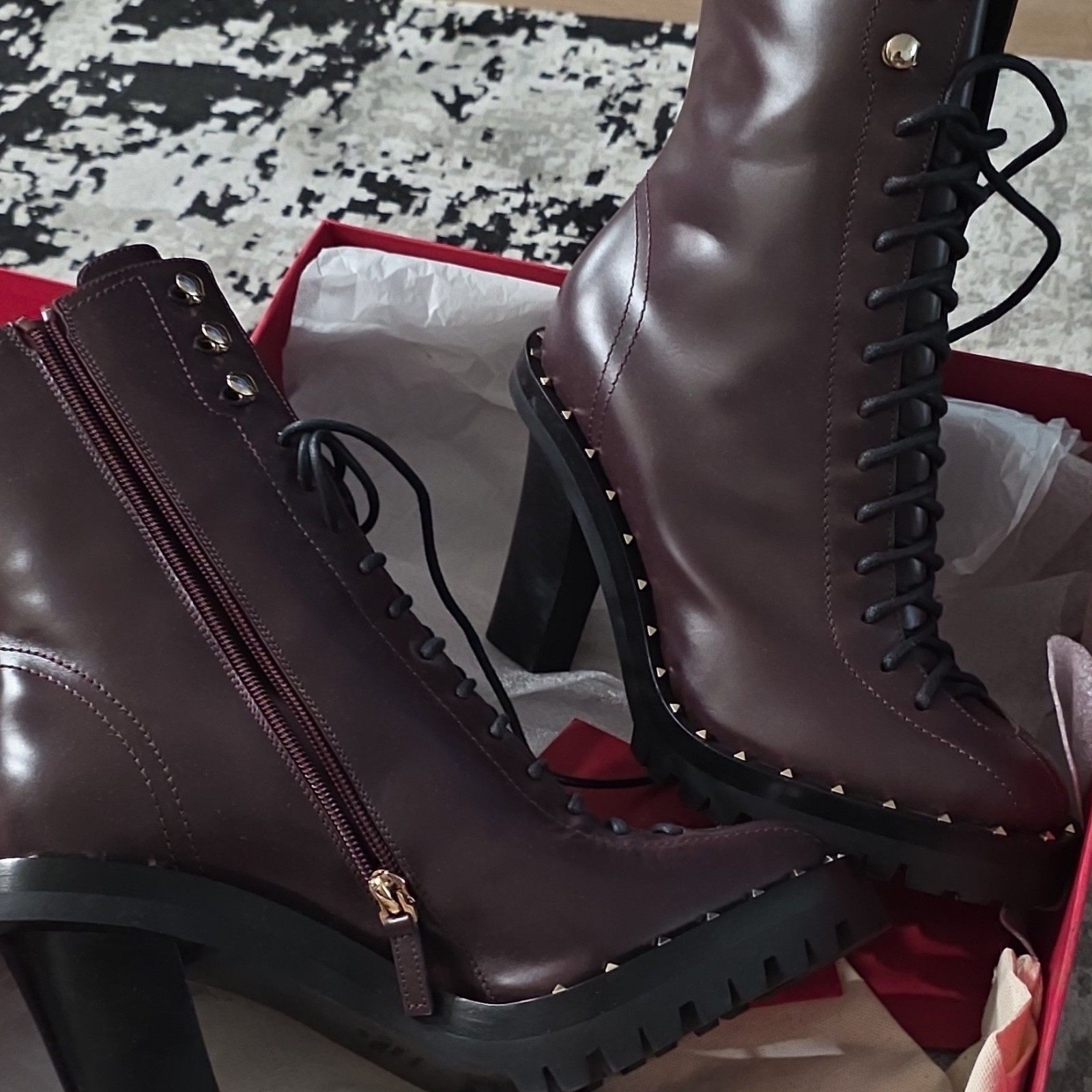 Valentino Garavani Burgundy Leather Studded Lace-Up Zipper Bootie US 9