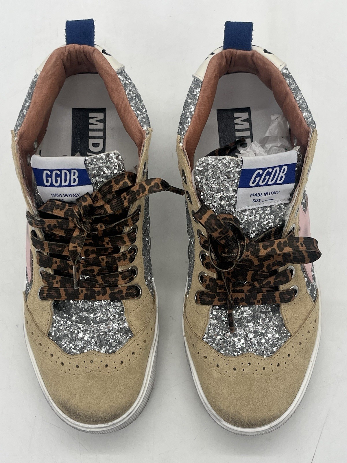 $750 Golden Goose Mid Star Glitter Covered Mid Top Sneakers Silver Size 37 / 7