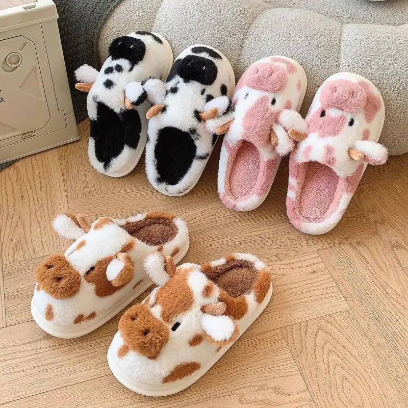 Fluffy Women’s Slippers Home Cartoon Cow Designer Winter Shoes Girls Flat Trend