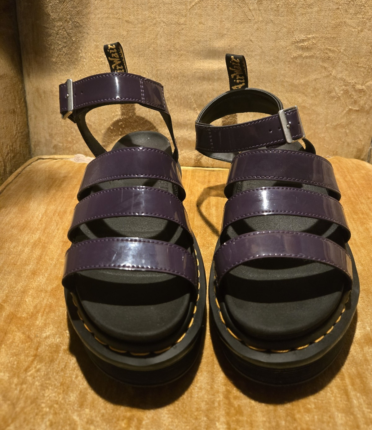Dr. Martens Women’s Purple Patent Leather Strappy Ankle Strap Buckle Sandals