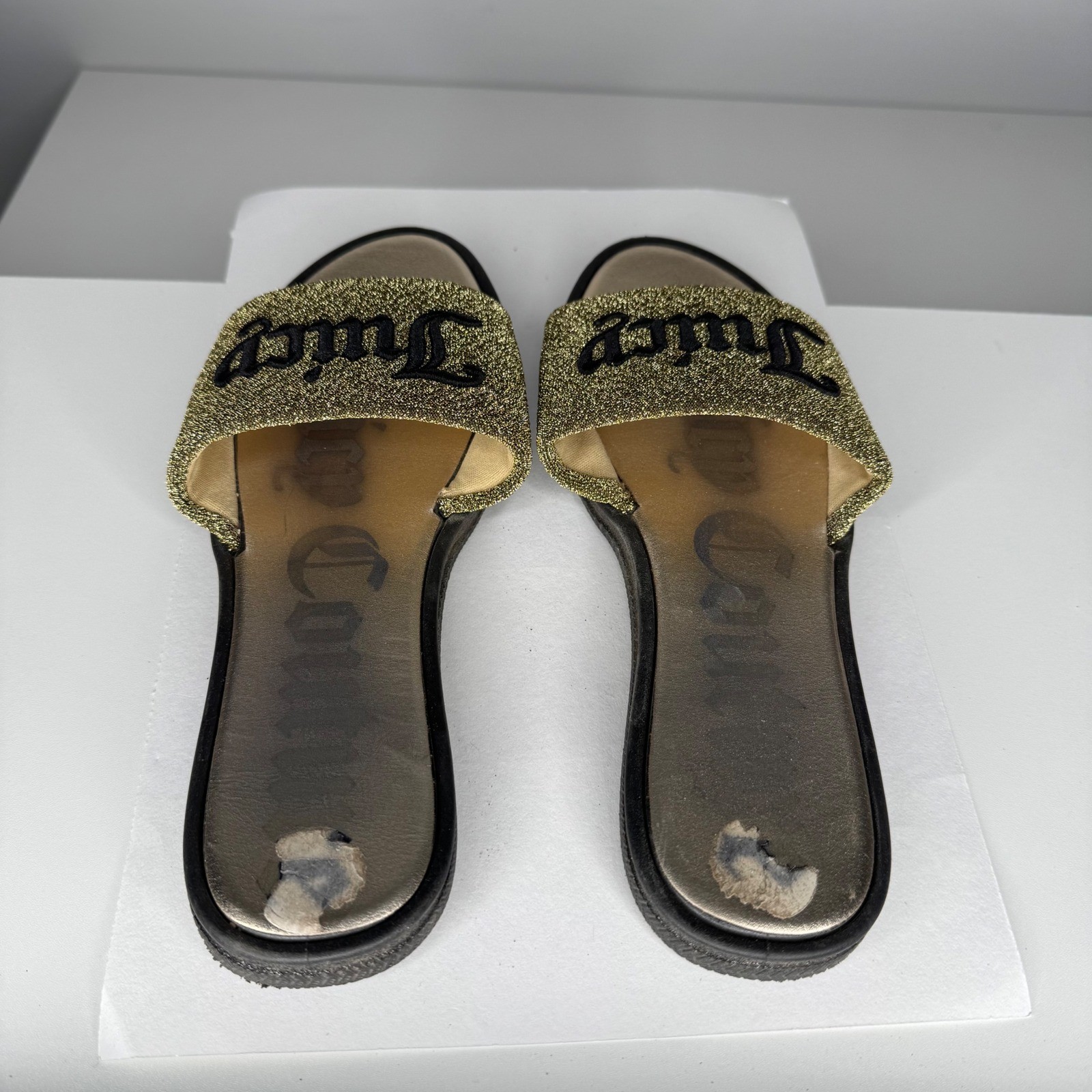 Juicy Couture Slide Sandals Womens 5.5 Gold Glitter Logo 25916
