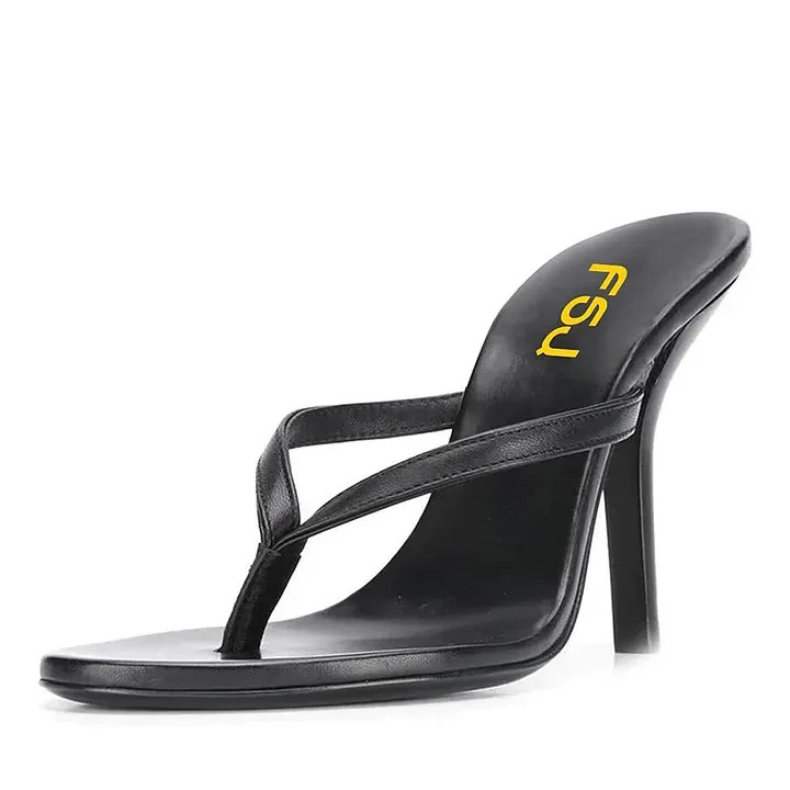 Black High Heels Open Toe Slip-On Summer Flip Flops for Women FJ8025977E