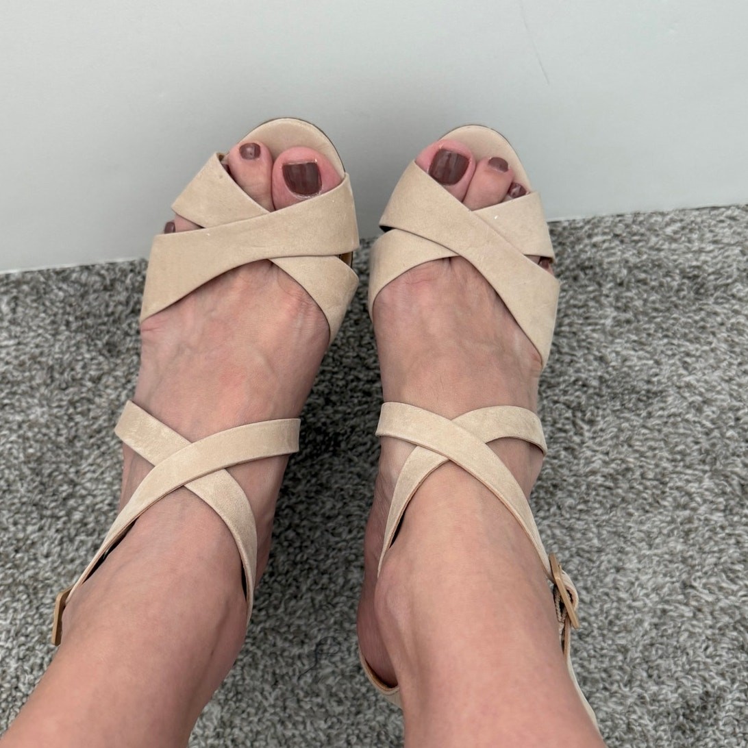Schutz Wedge Strappy Sandals Beige Nubuck Size 8