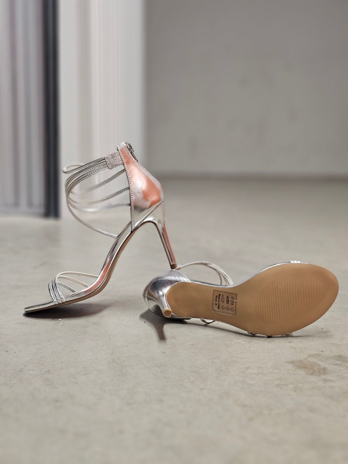 Strappy Metallic Silver High Heel Sandals With Ankle Strap Closure – Womens