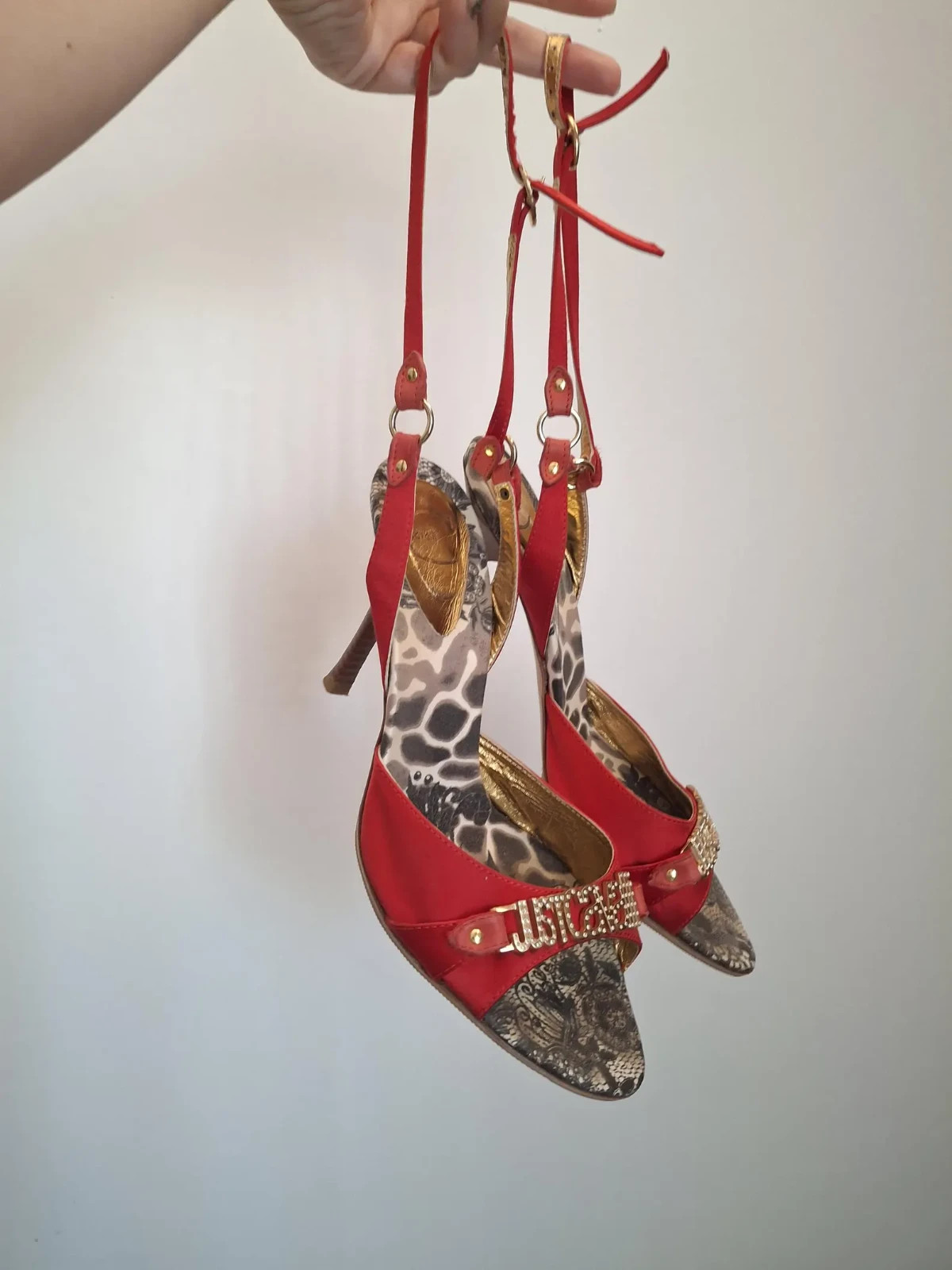 Y2K JUST CAVALLI Red and Leopard Print Heels | Satin Sandals | Size Eu 38