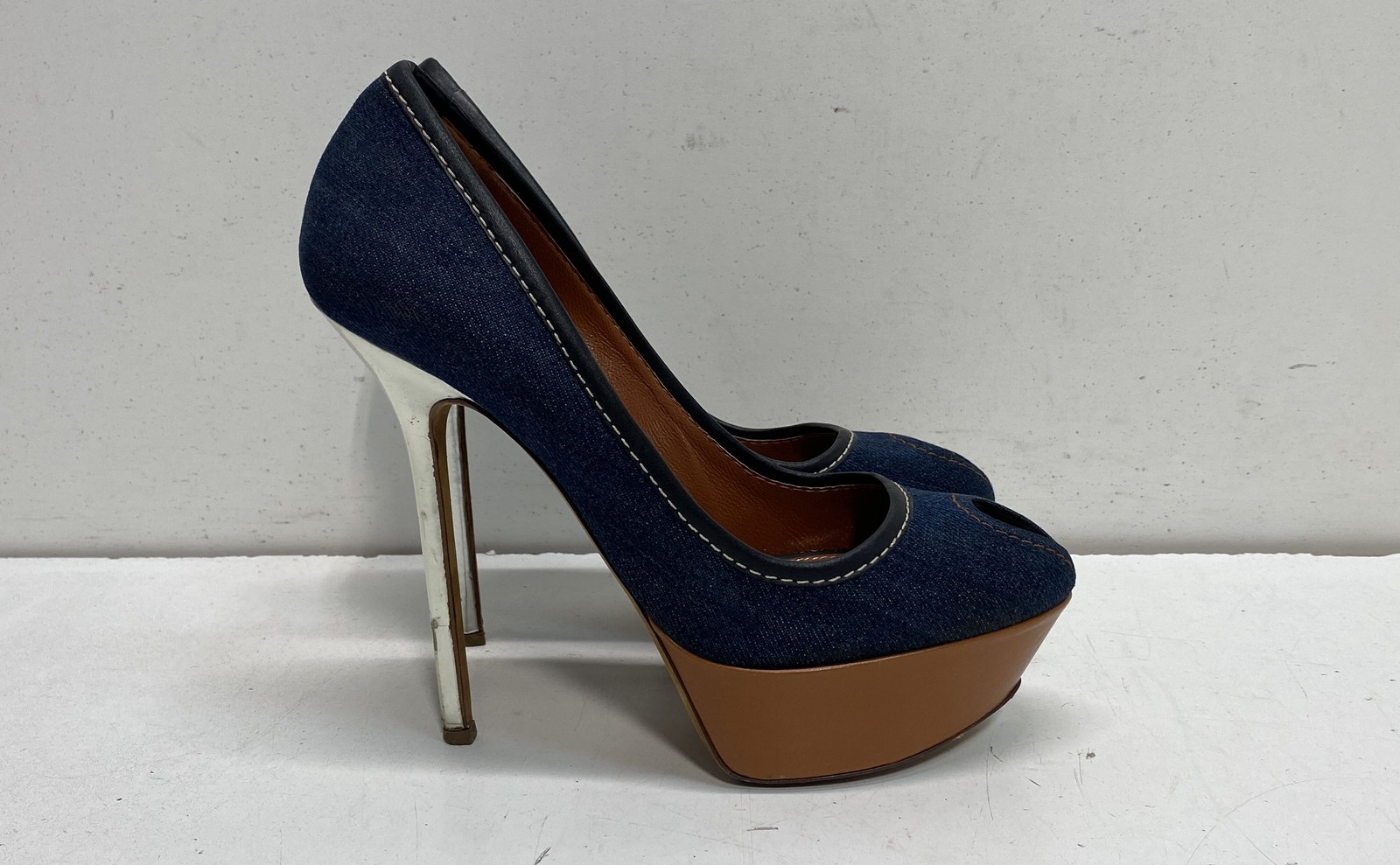 Sergio Rossi Blue Denim Peep-Toe Platform Pumps Silver Stiletto Heels Size 38