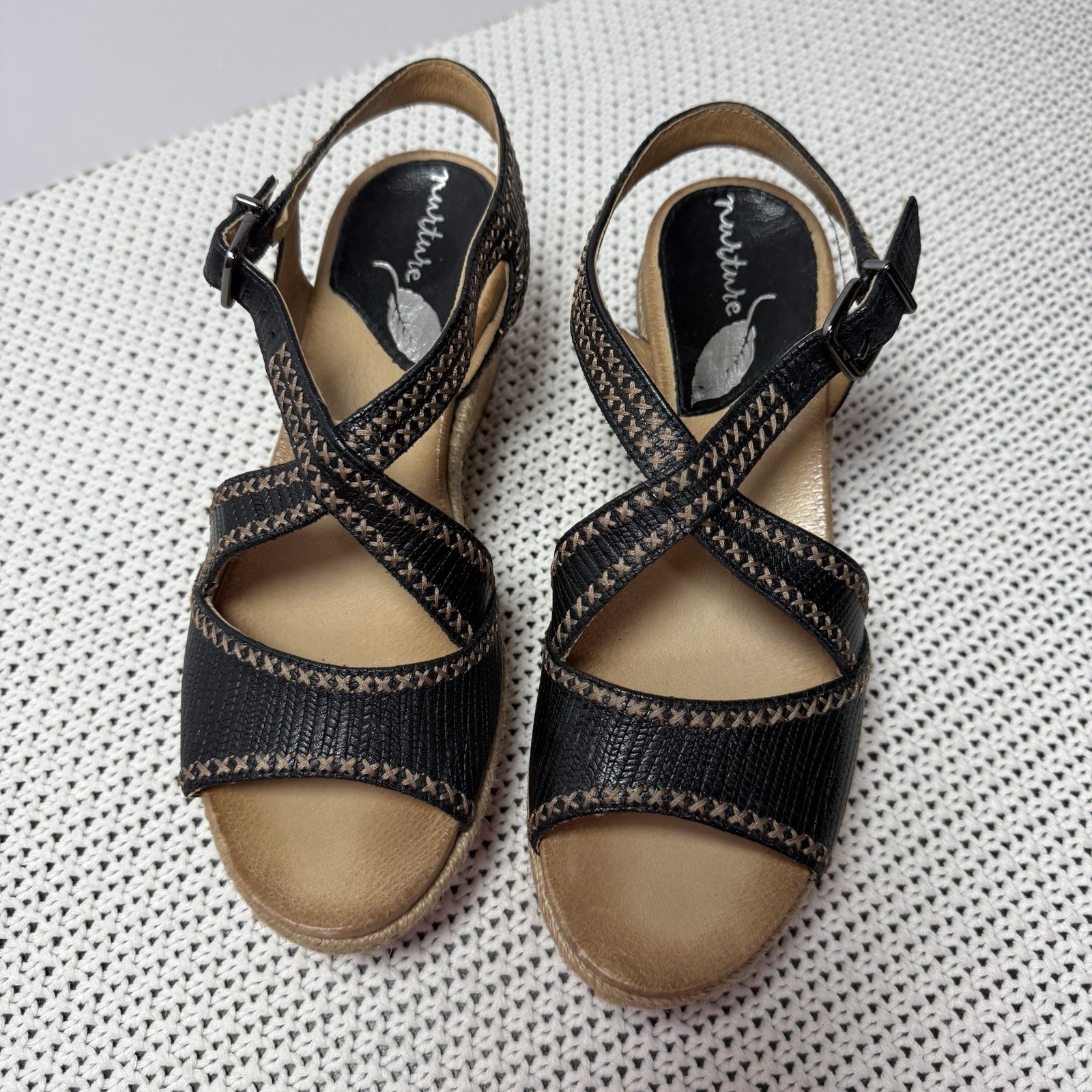 NURTURE Women 6.5 LILITHE Cork Wedge Sandals Heel Black Leather Stitch Platform