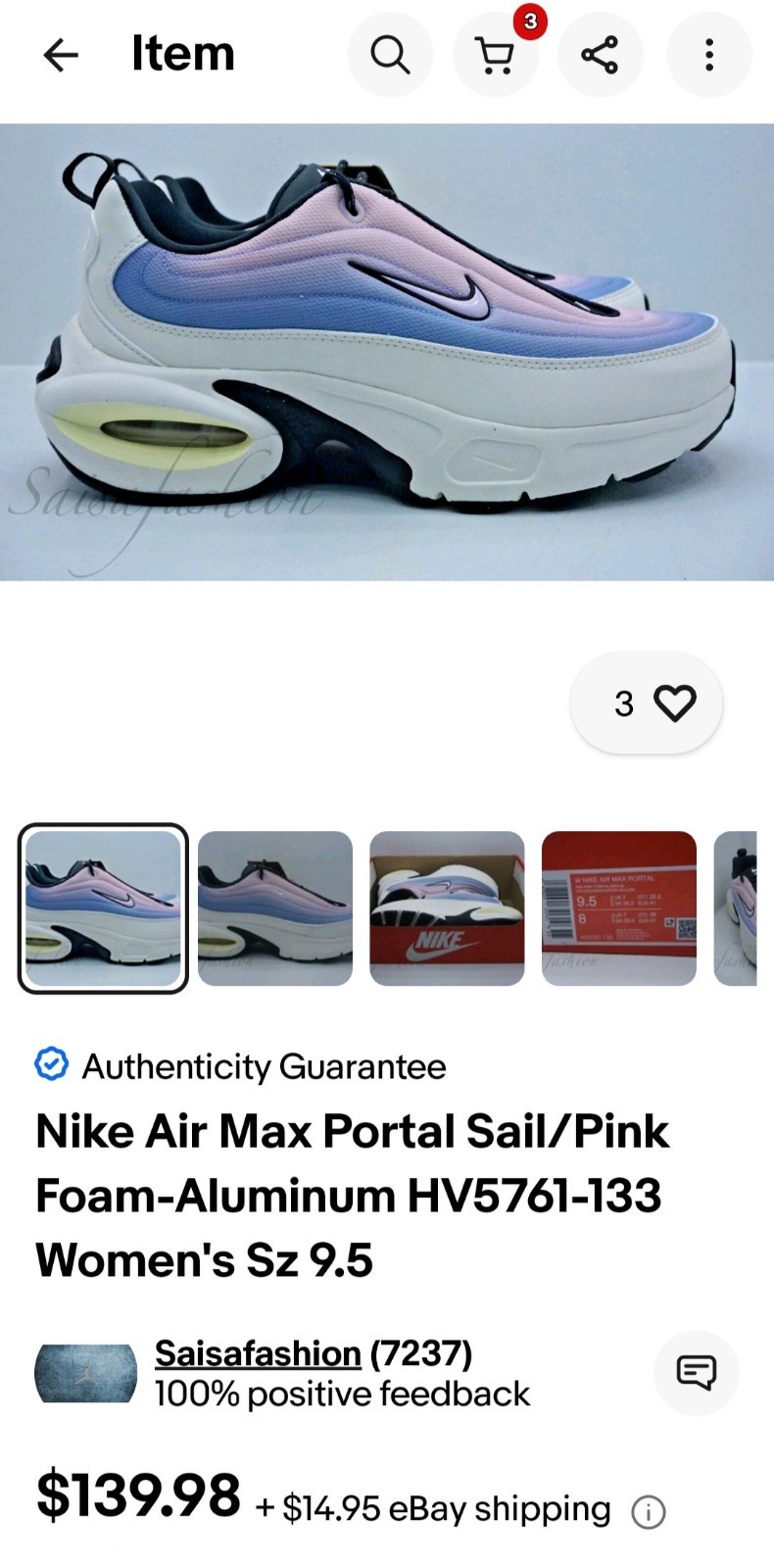 Nike Air Max Portal Sail/Pink Foam-Aluminum HV5761-133 Women Sz 11/Men 9.5 🔥🔥