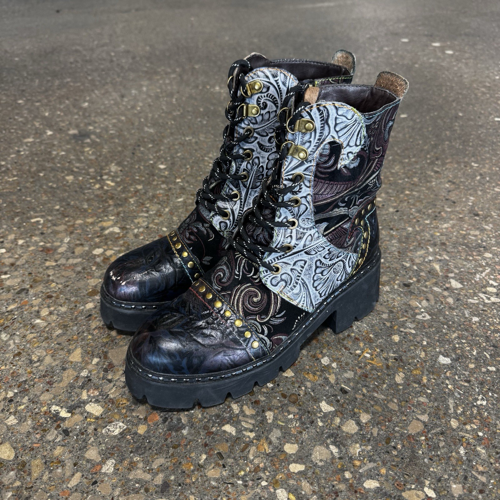 L’ Artiste By Spring Step Severity Boots Womens Combat Floral Studded Size 41