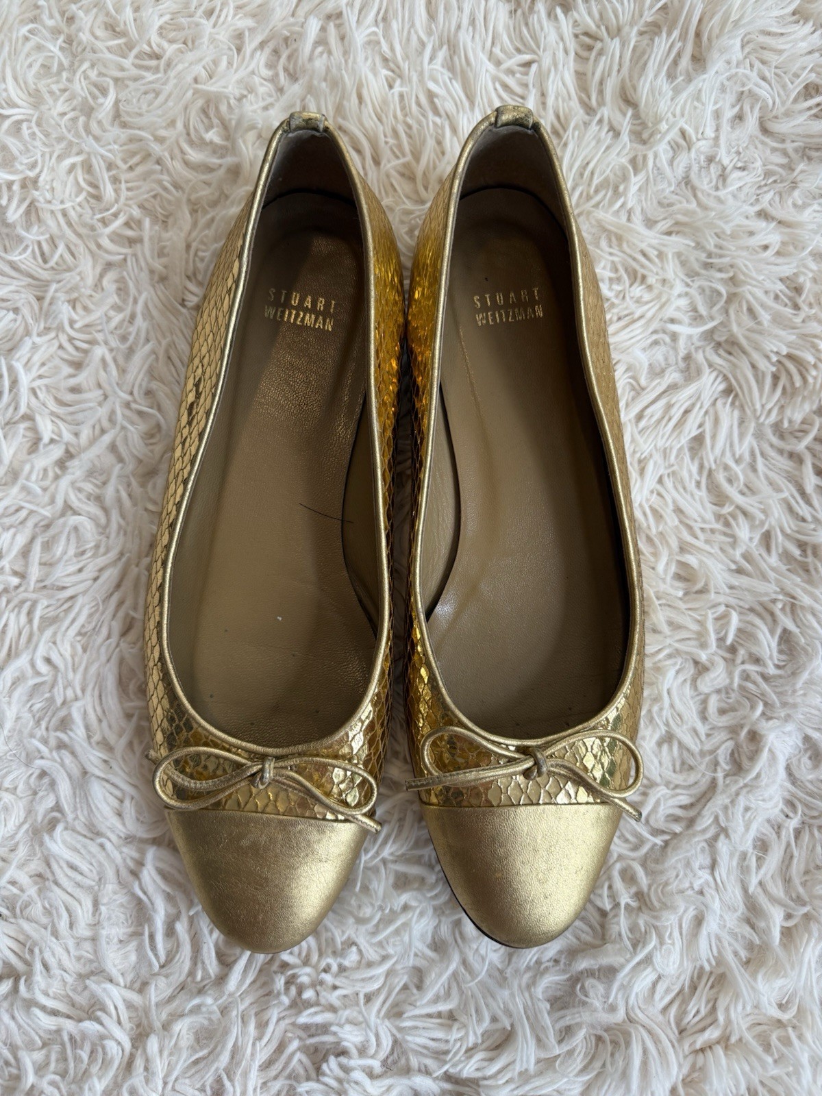 Stuart Weitzman Gold Snakeskin Ballet Flats Cap Toe Bow Leather Size 10 M