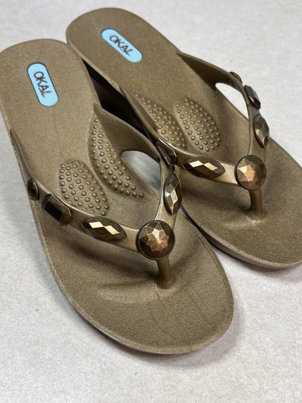 Oka B Alexa Jeweled Wedge Sandal Bronze Metallic Heel Flip Flop Womens S 25036
