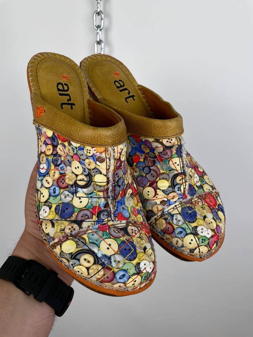 The Art Company Button Print Wooden Clogs , Leather Mule Sandals EU Size 40