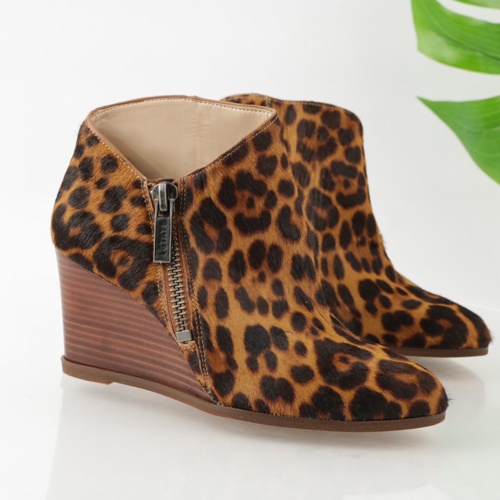 1.STATE Womens Kaleb Boot Size 7 Brown Pony Calf Hair Leopard Wedge Zip Bootie