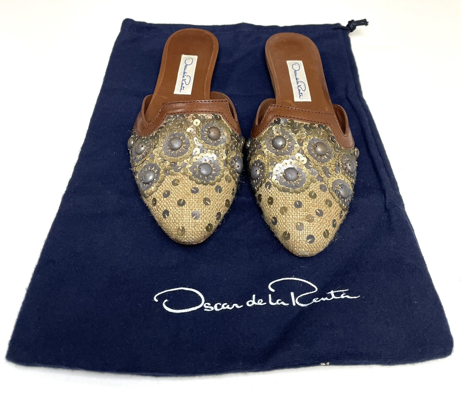 Oscar de la Renta Embellished Canvas & Leather Sequined Mules Size 36 Shoes