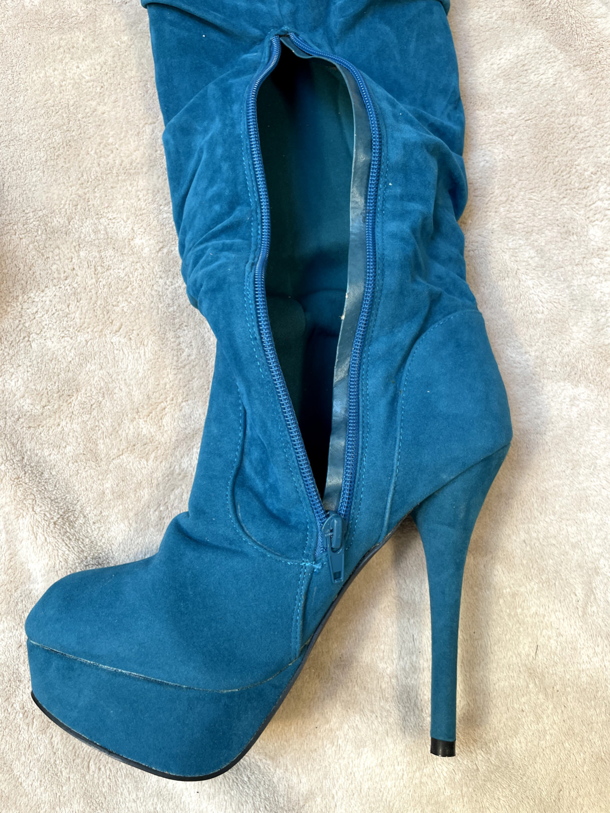High Heels 18″ Knee-High 5.5″ Platform Stiletto Blue Faux Suede Zipper Sz7 Machi