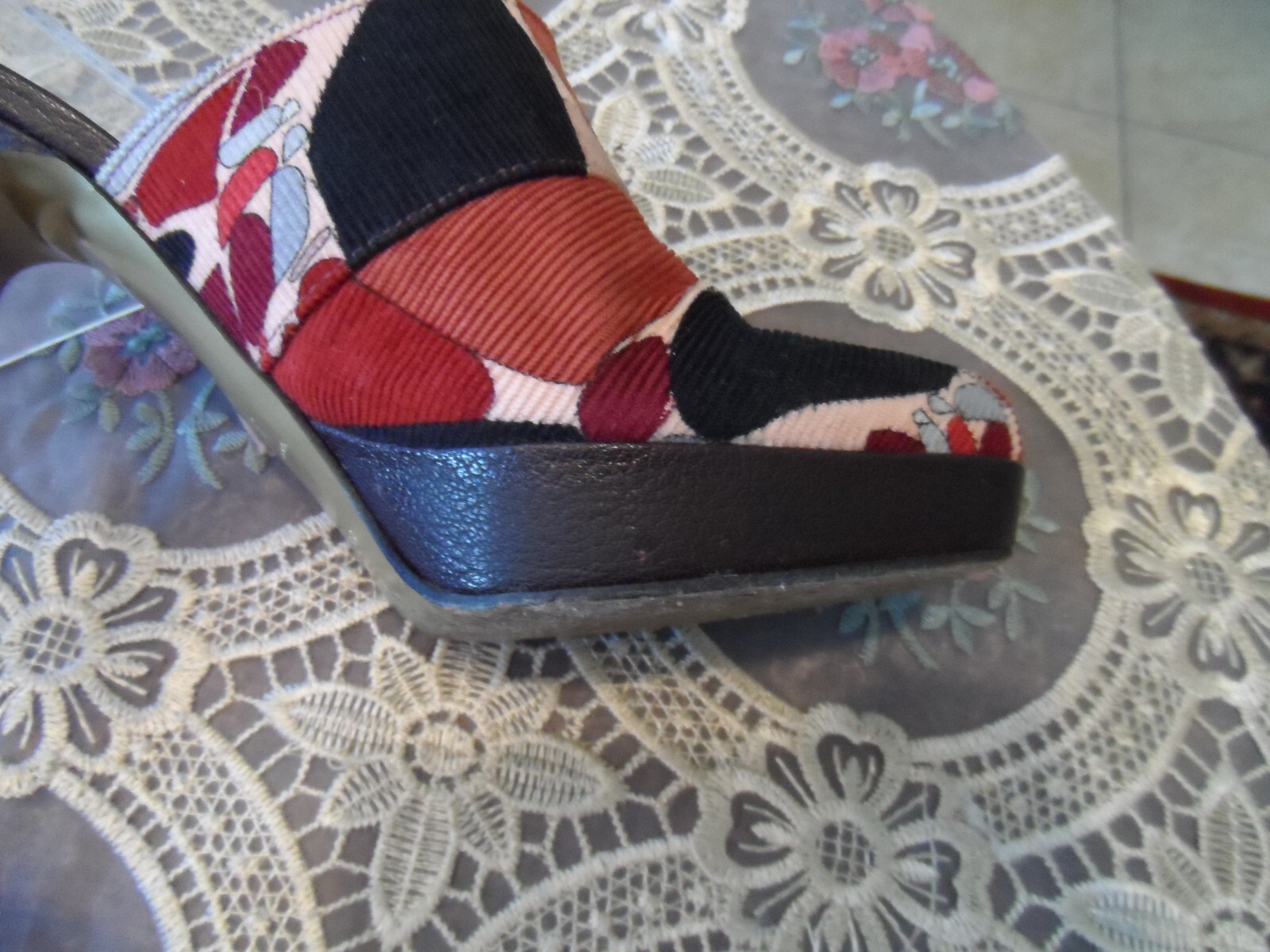 Emilio Pucci Brown Multi Color Corduroy Mules w/Gold LOGO Buckled Size 37.5B