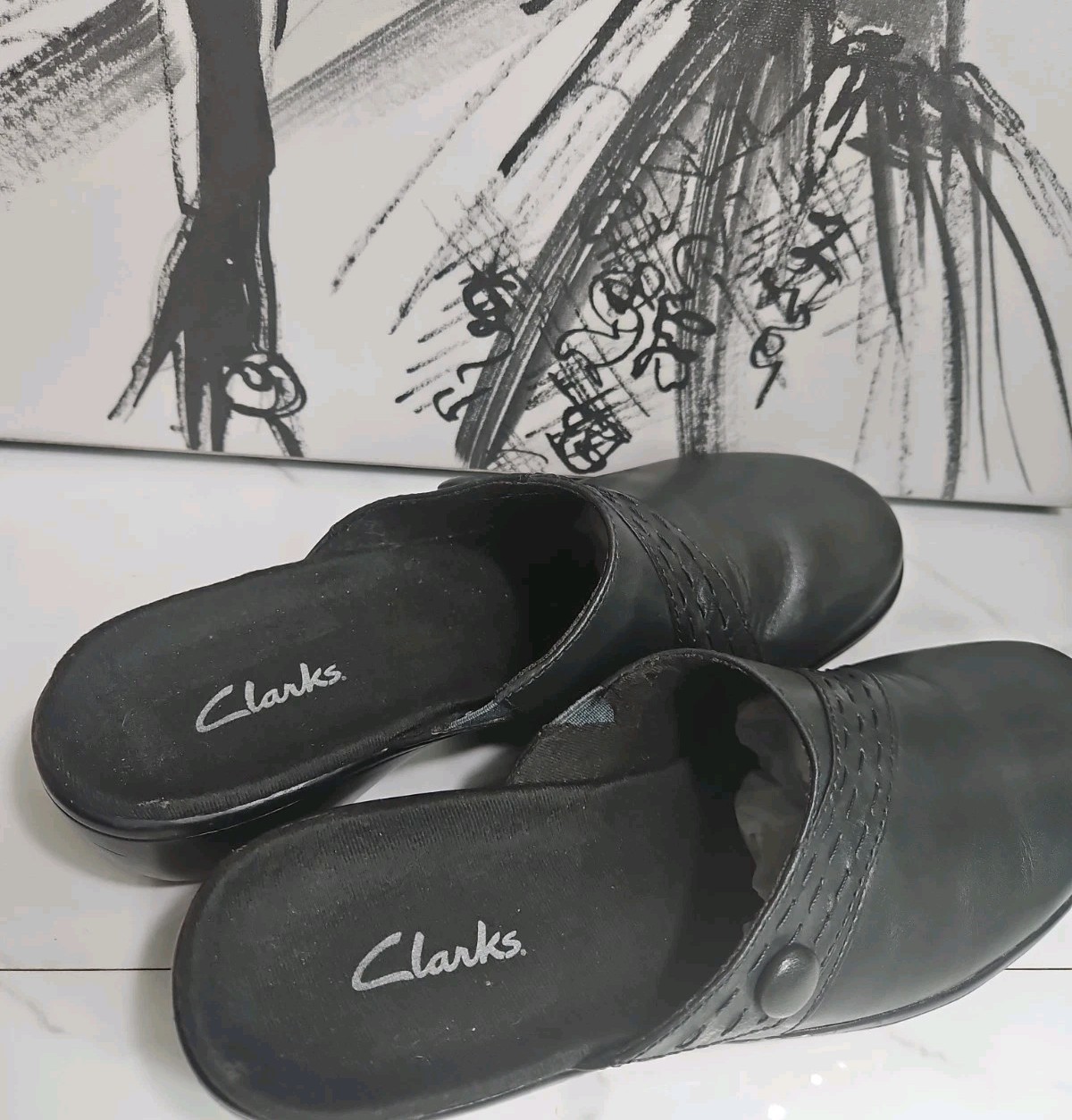Clarks Mules Black Leather Stiched Braided Stripe Slide On Shoes 7N