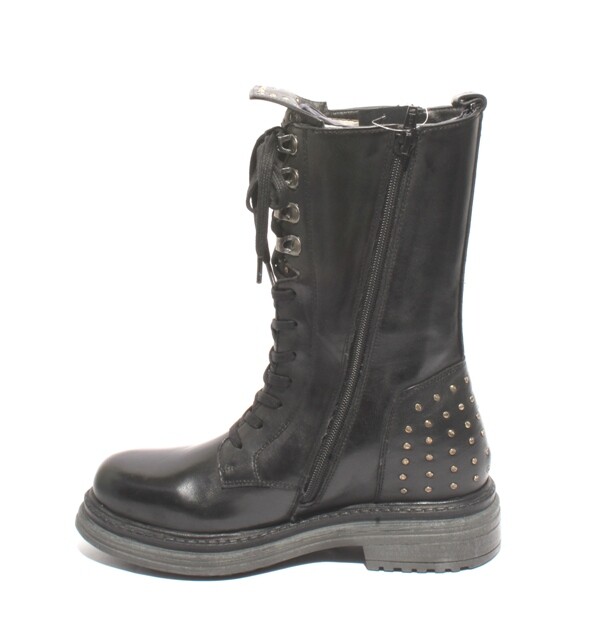 WOz 2226 Black Leather Lace-Up Zip-Up Studded Platform High Boots 40 / US 10