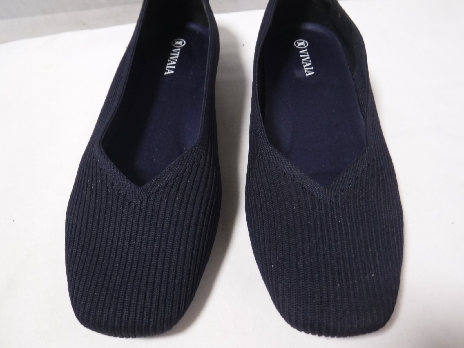 Women’s VIVAIA Margot Navy Blue V-Cut Ribbed Knit Square Toe Ballet Flats 38 7