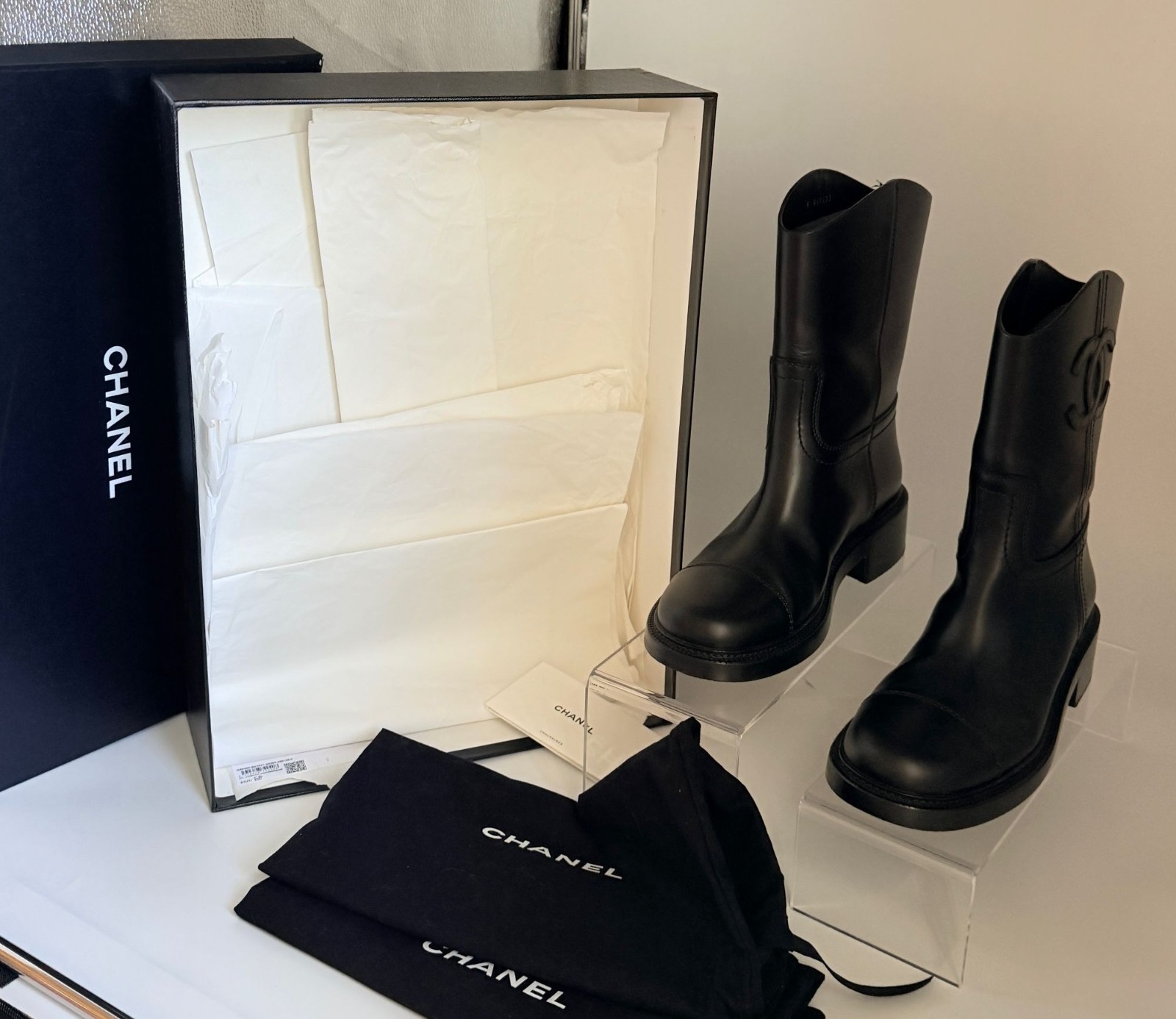 Chanel Black Leather Moto Boots Size 39 EU SKU G46589 Worn Once Indoors Pristine