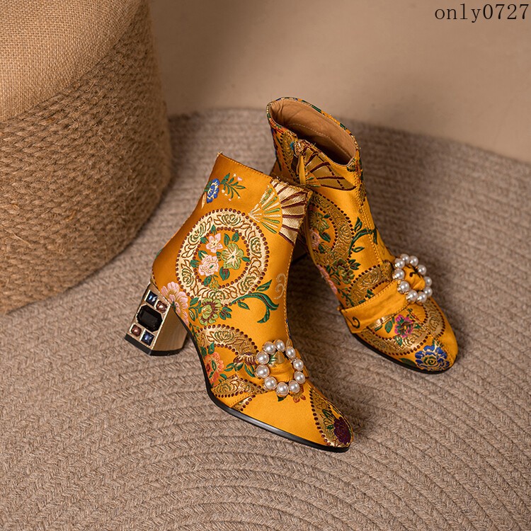 Women’s Ankle Boots Rhinestone Mid Chunky Heel Side Zip Embroidered Shoes Hot