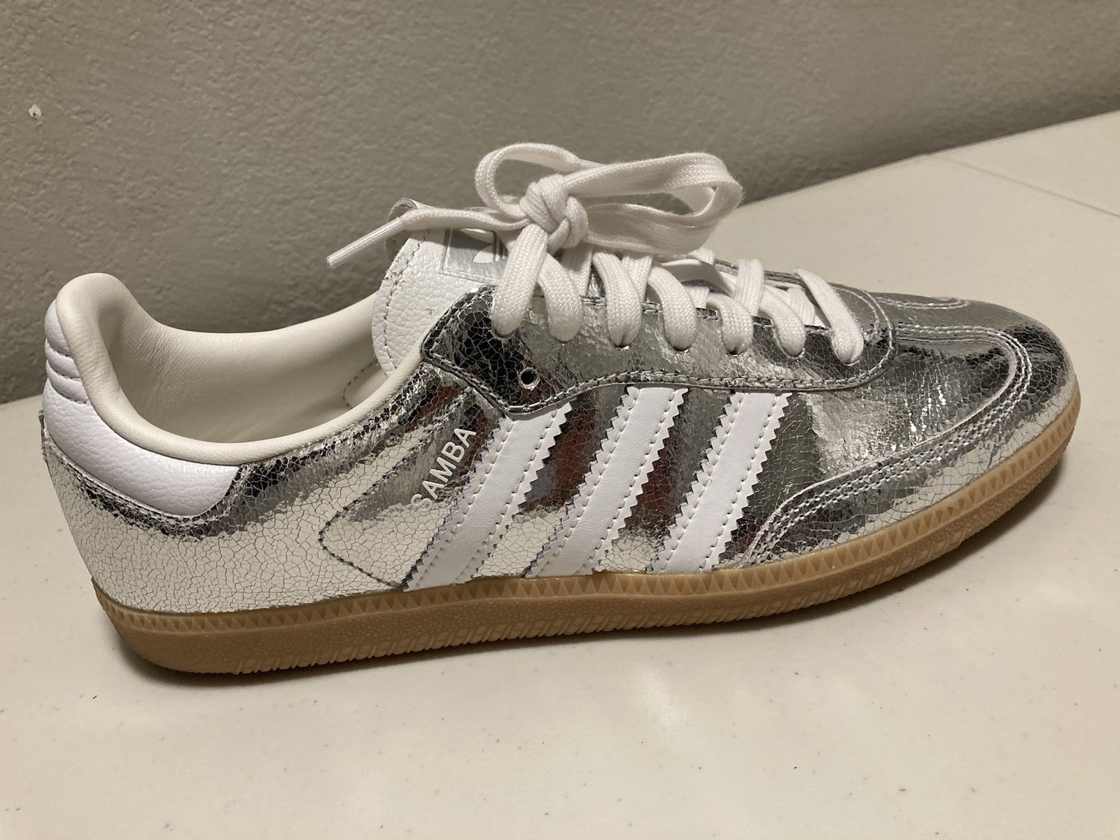 adidas Samba OG Silver Metallic/White Crackle Low Top Lace Up Leather JR0035