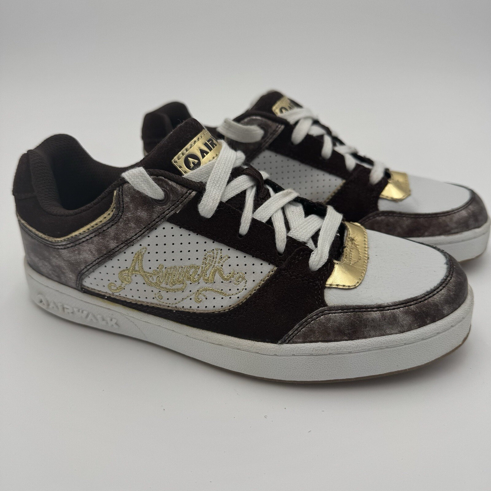 AirWalk Sneakers Women’s Sz 7 Gold/Brown/White “Cosmo” Leather Skateboard EUC