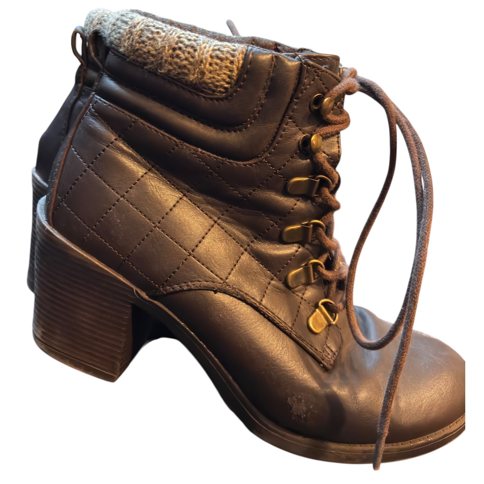 Women’s Brown Quilted Lace-Up Ankle Boots Block Heel Stylish Casual – Mia