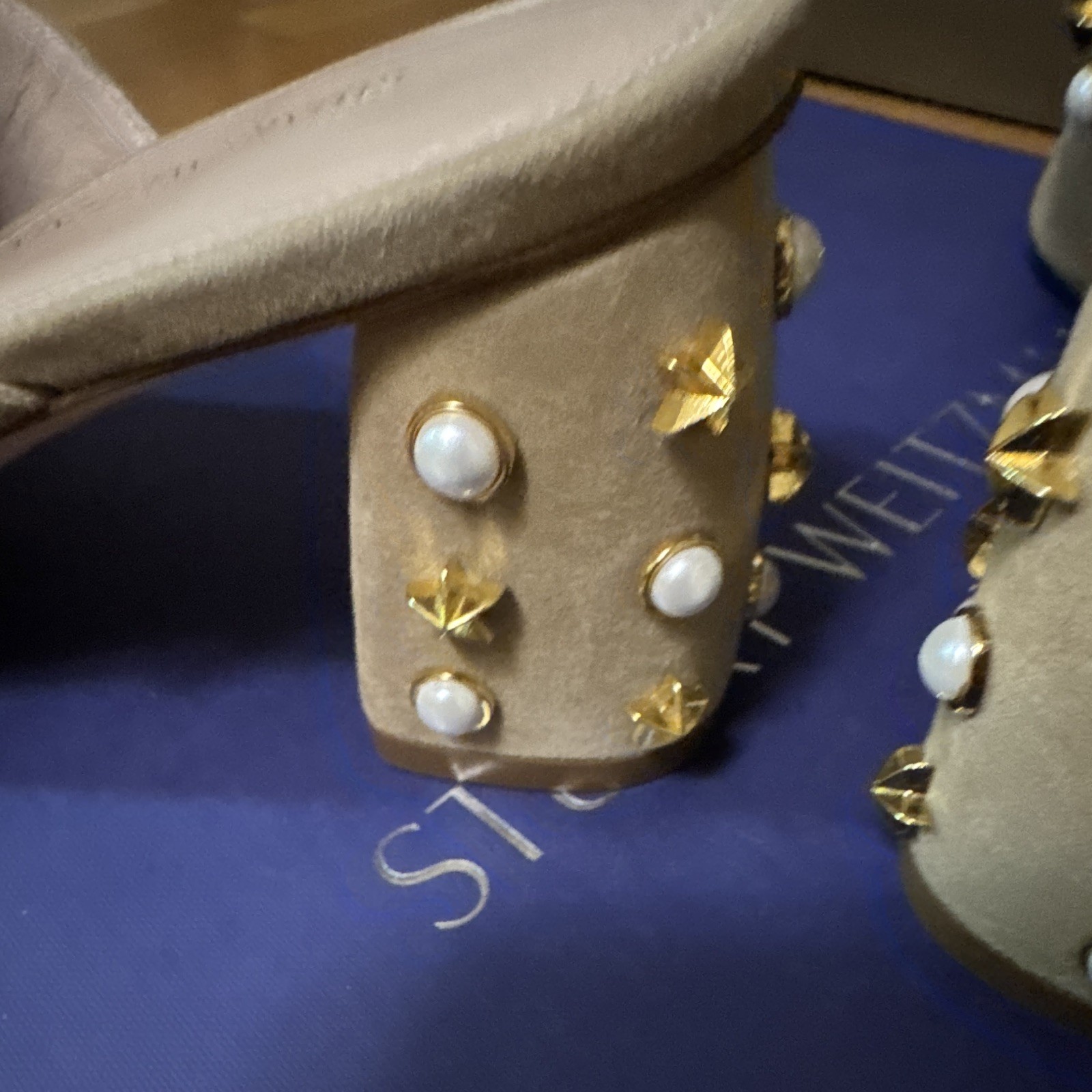 Stuart Weitzman Suede Pearl Studded Open Toe Block Heel Mule Sz 7.5