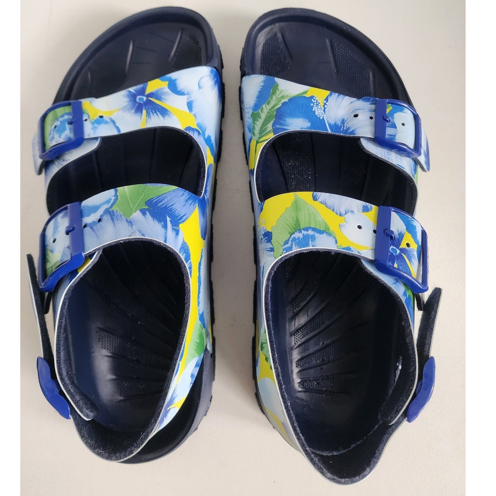 Birkenstock Birkis Sansibar Floral Sandals Blue Yellow Hibiscus Size 37 Women 6