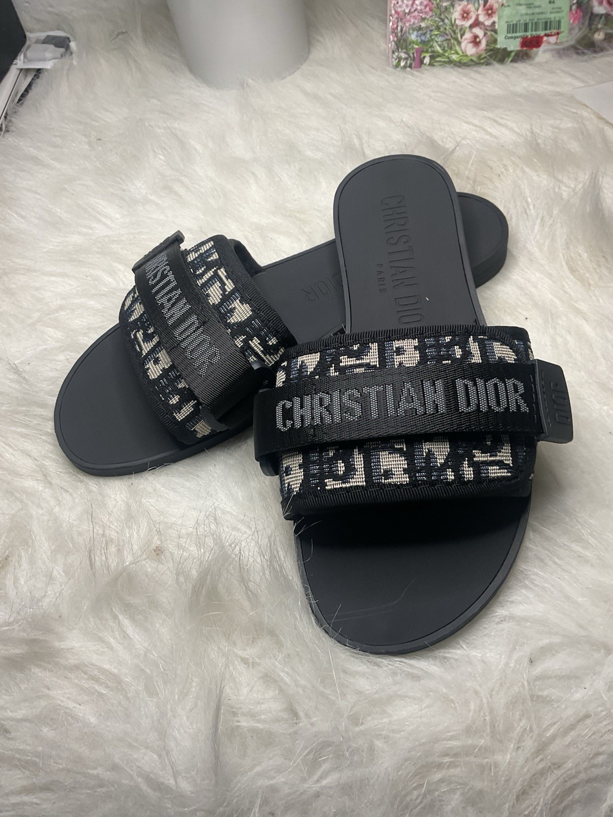 Dior Black/Beige Logo Slide Sandals Women’s Slip On Cotton Spring/Summer US 7