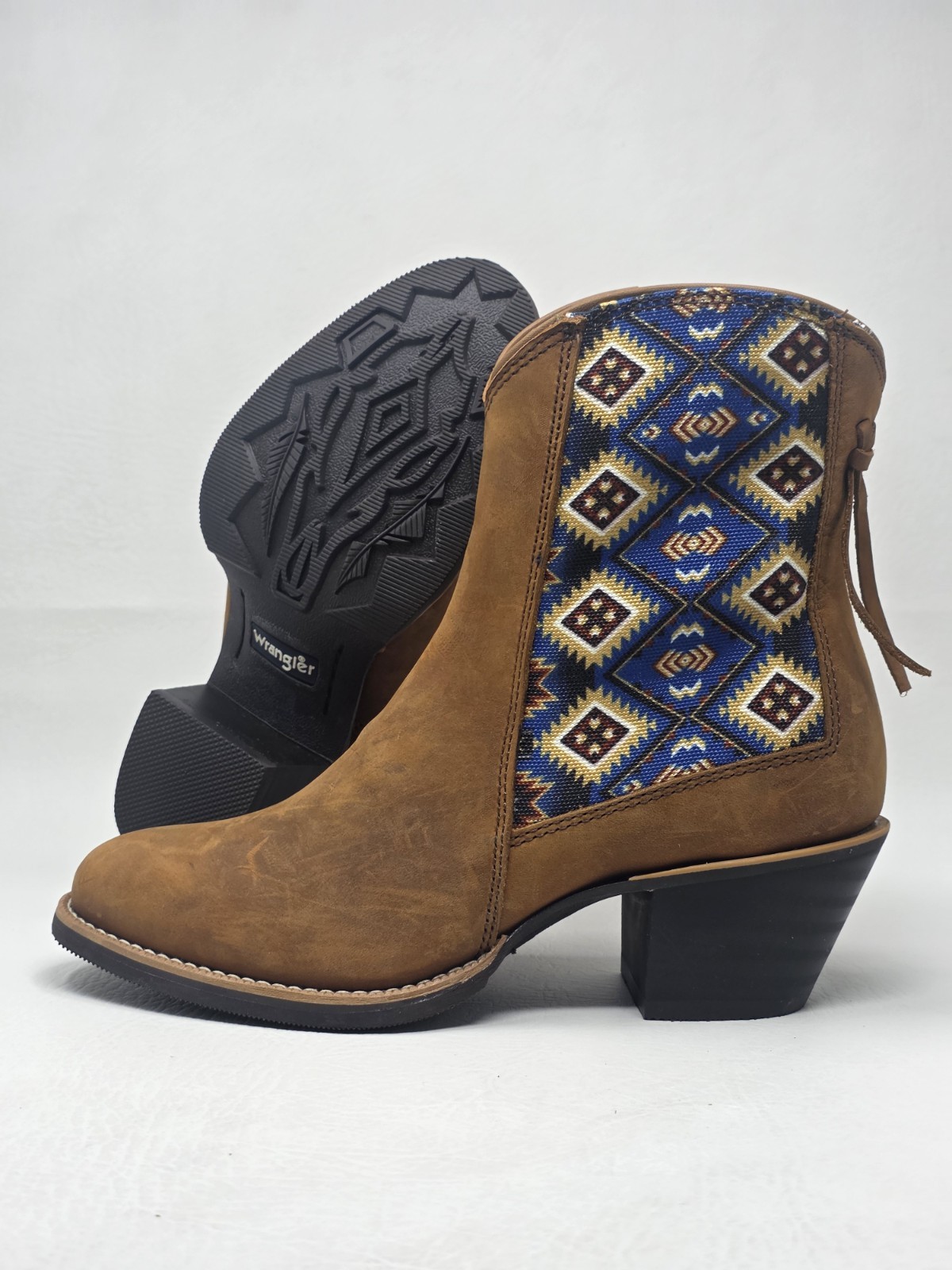 Wrangler Womens Brown Leather Tapestry Western Ankle Boots KWB0006 Size 6.5 B