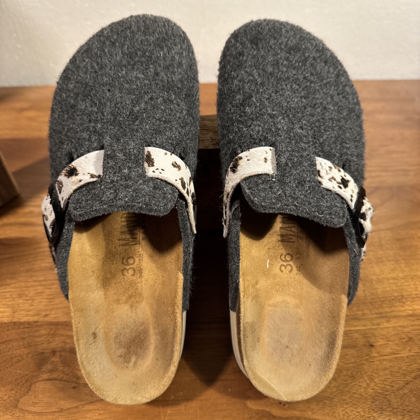 Mandel Sandals Sabot Clog EU 36, US 6 NOE Grey Felt Faux Cowhide Strap Cork $85