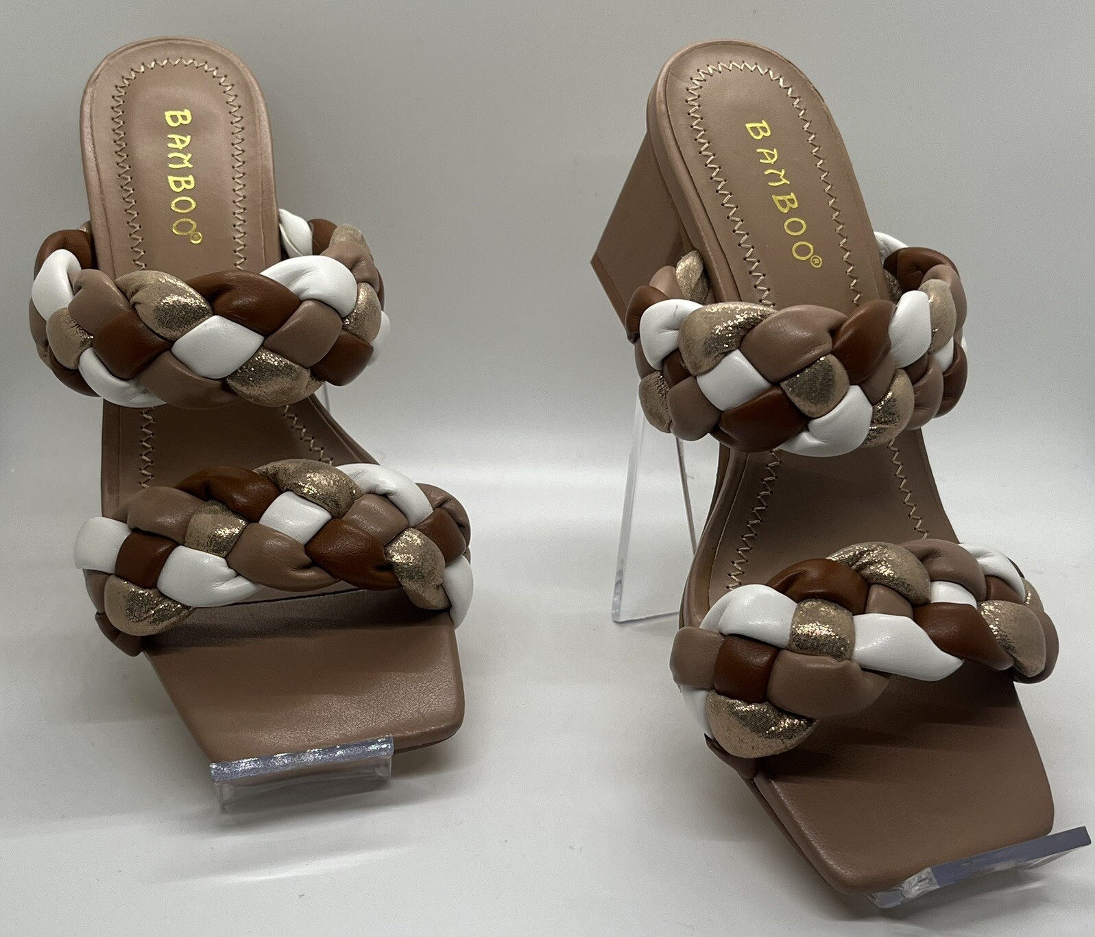 Bamboo Brand Women’s Size 5.5 Brown White Gold Braided Strappy Block Heel EUC