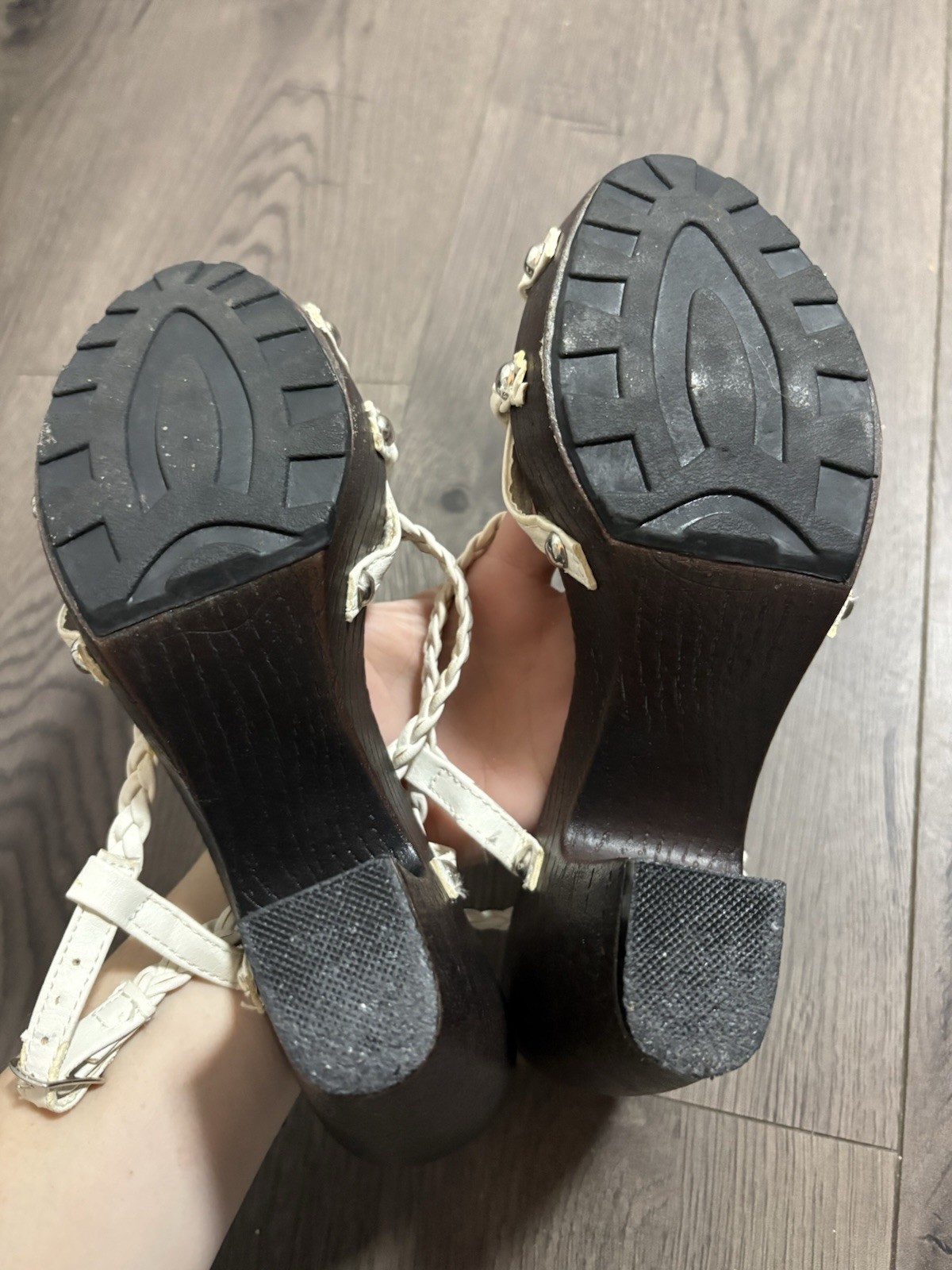 White Braided Strapped Faux Wood Block Heel Studded Sandals Italian Classic