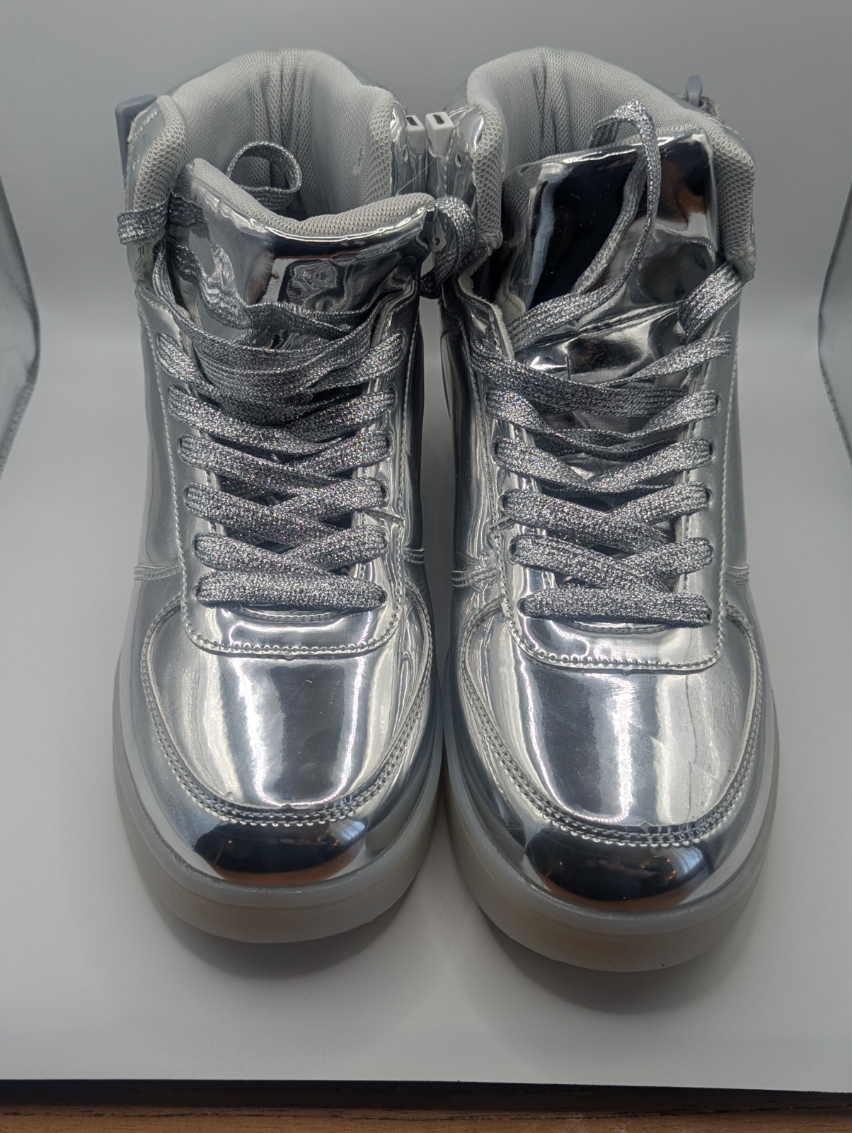 Silver Metallic LED Light Up High Top Sneakers Women’s 8 EU 38 Rechargeable Shoe