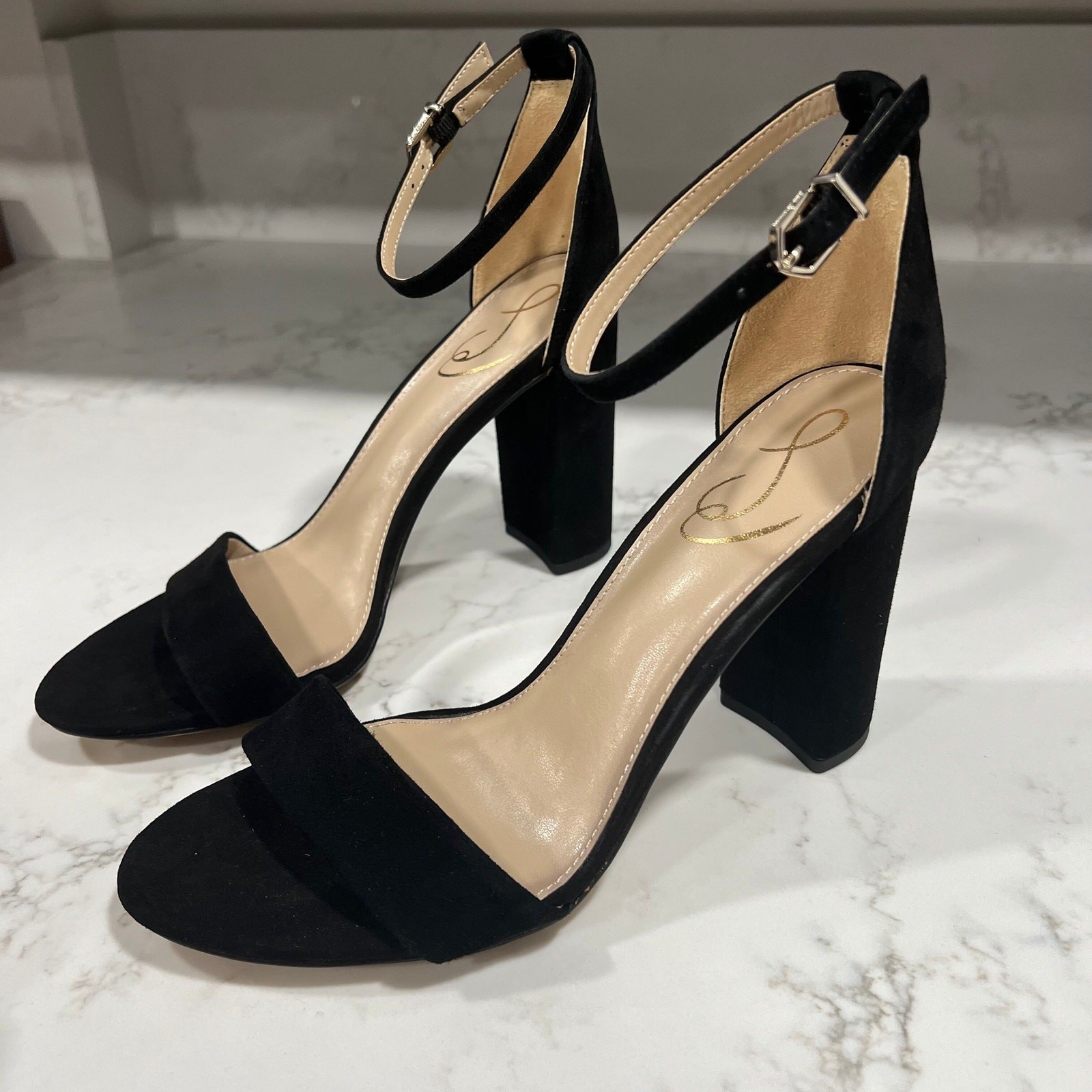 New Sam Edelman Yaro Sandals Black Suede Ankle-Strap Block Heel Sz 9
