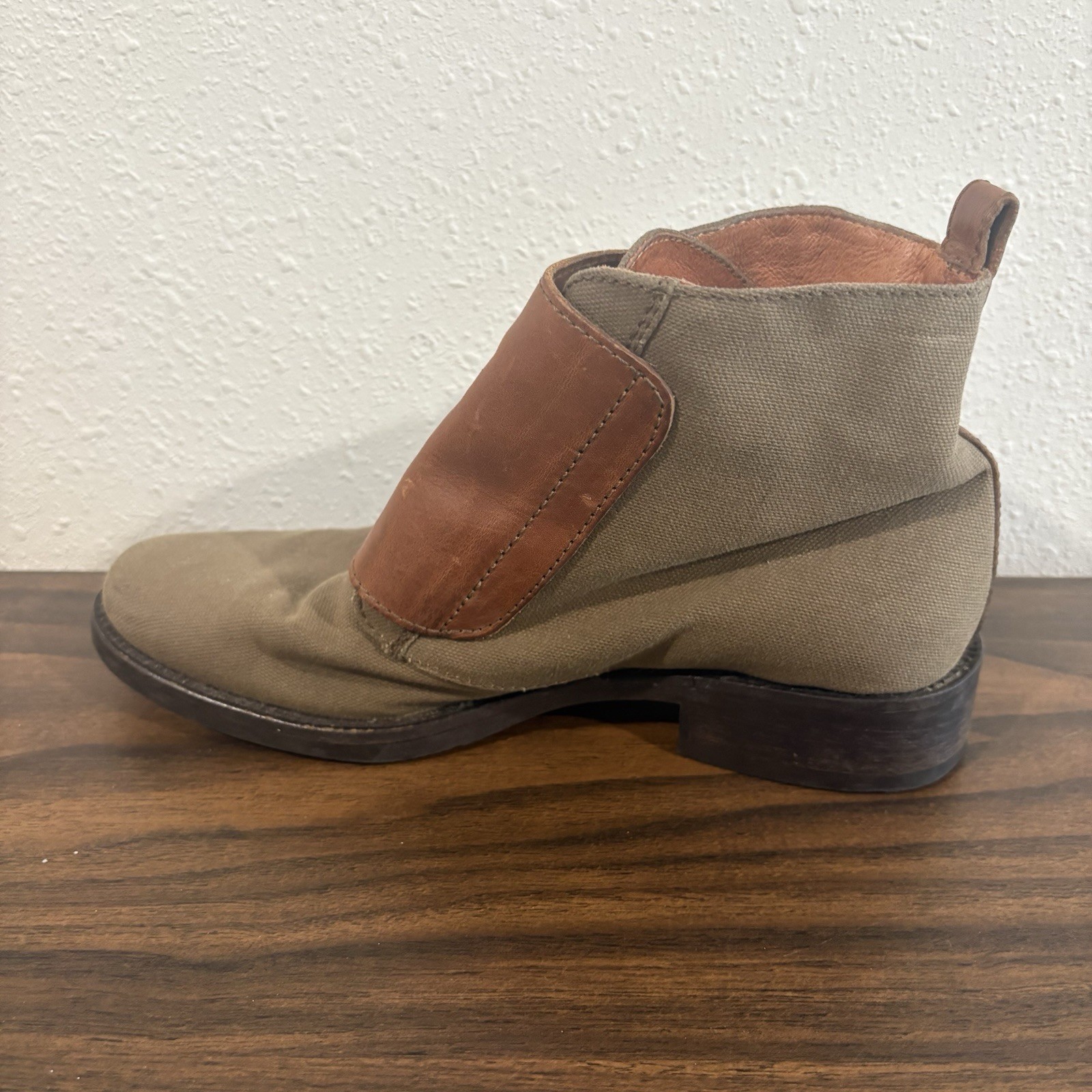 J Crew Womens Canvas Leather Double Monk Strap Ankle Booties Size 7 Green Brown