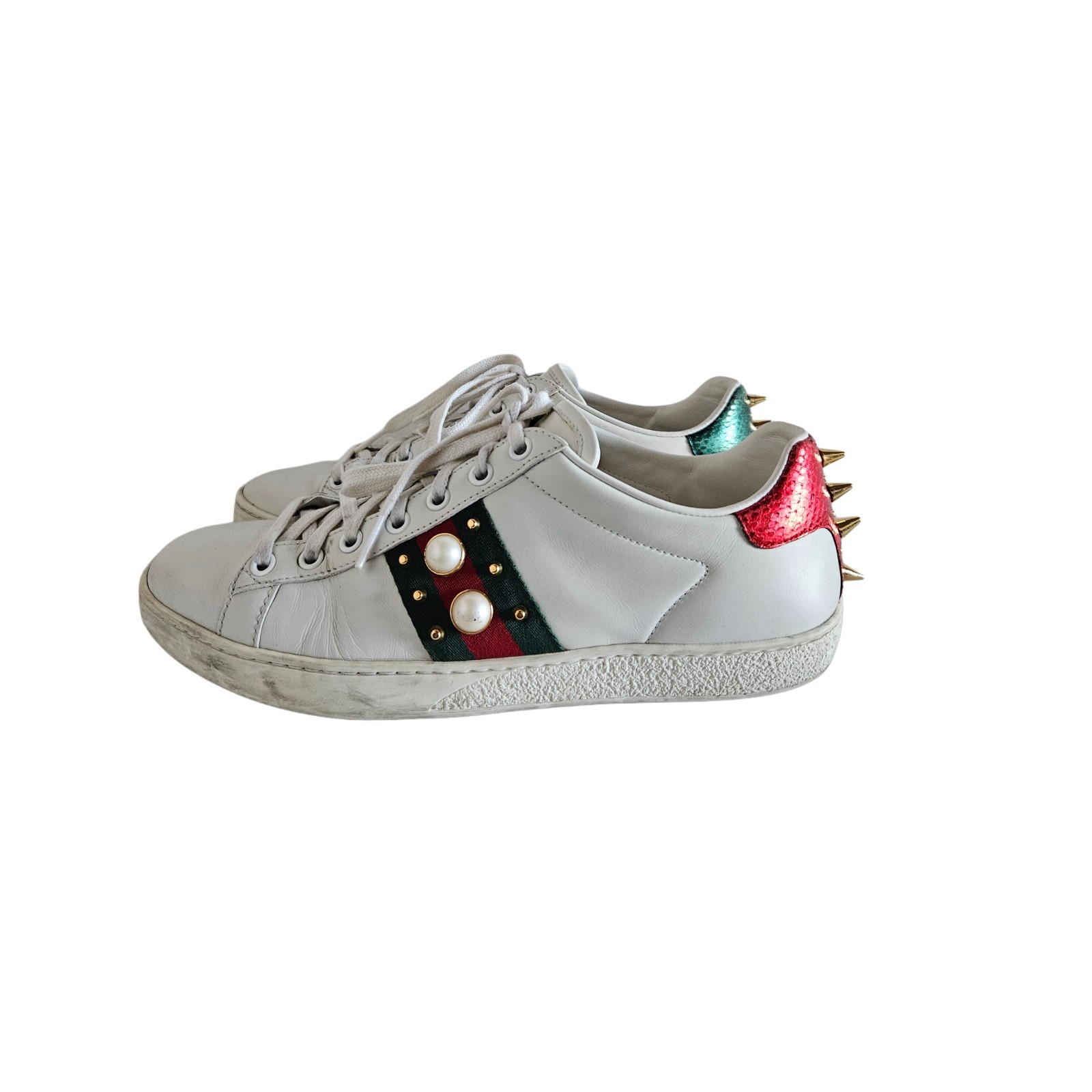 Gucci White Leather Ace Studded Pearl Sneaker, Size 39