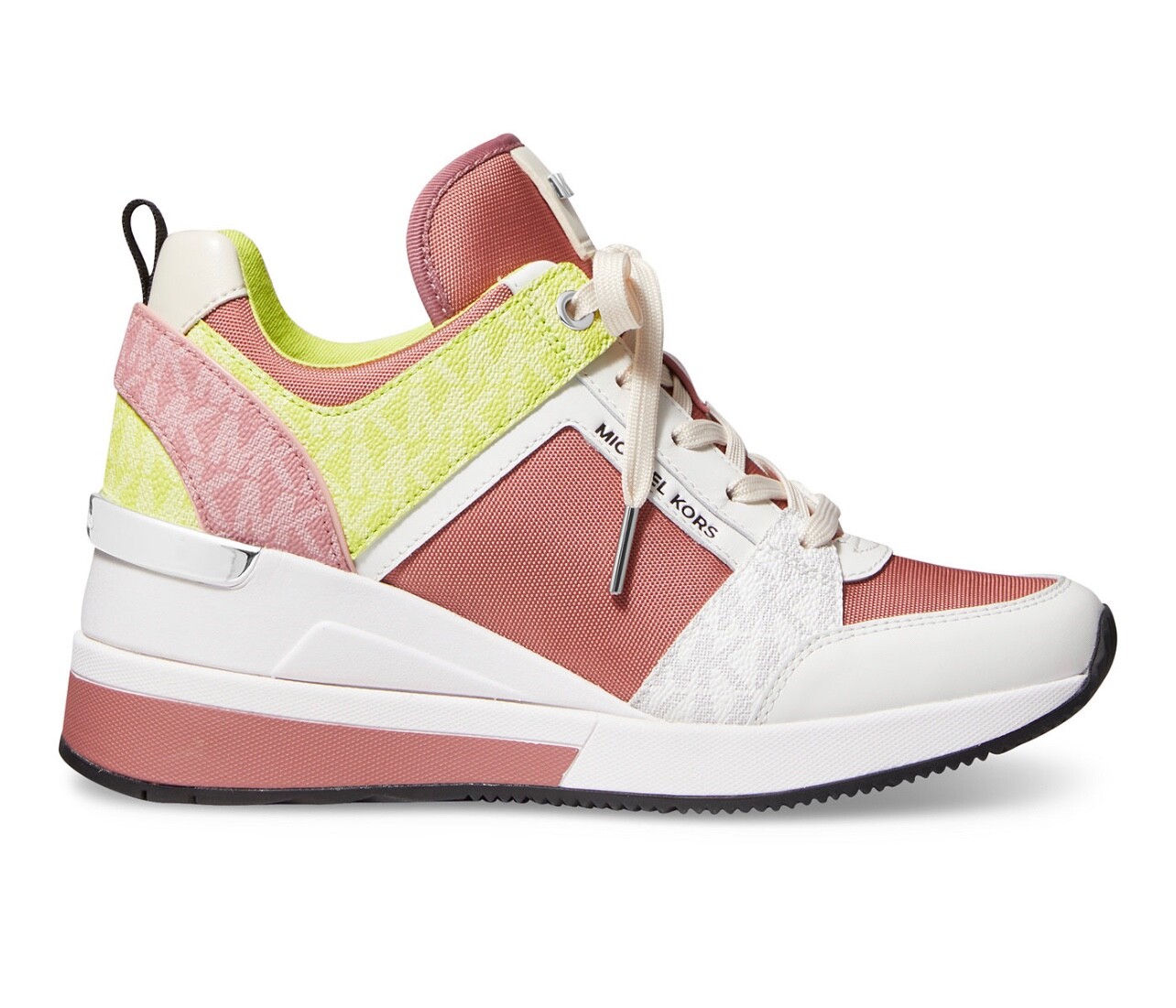 NIB Size 9.5 Michael Kors GEORGIE Wedge Trainer Rose Multi Pink Lime Sneakers