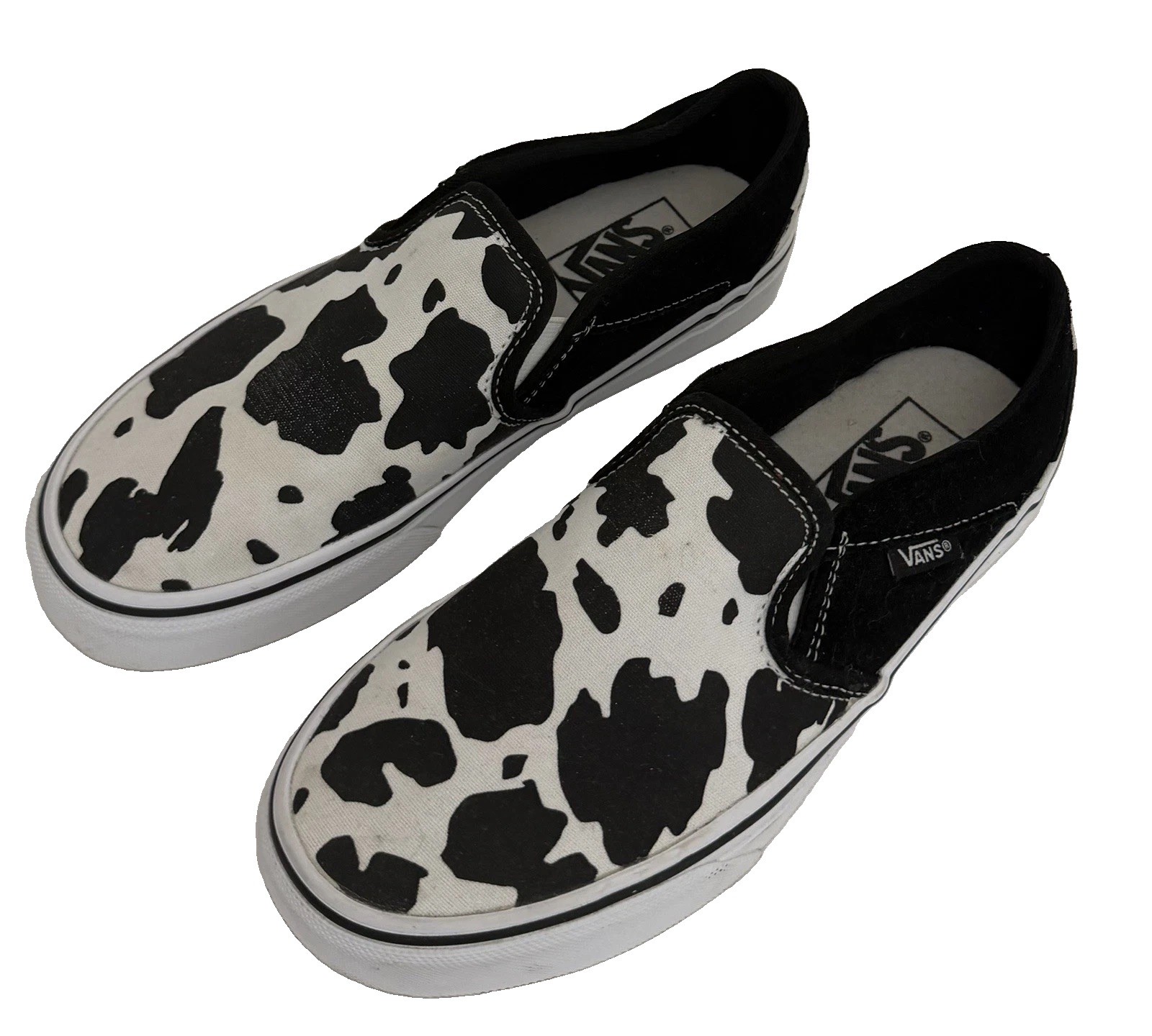 VANS Cow Print Classic Slip-On Sneakers Womens Size 6.5 White/Black Canvas