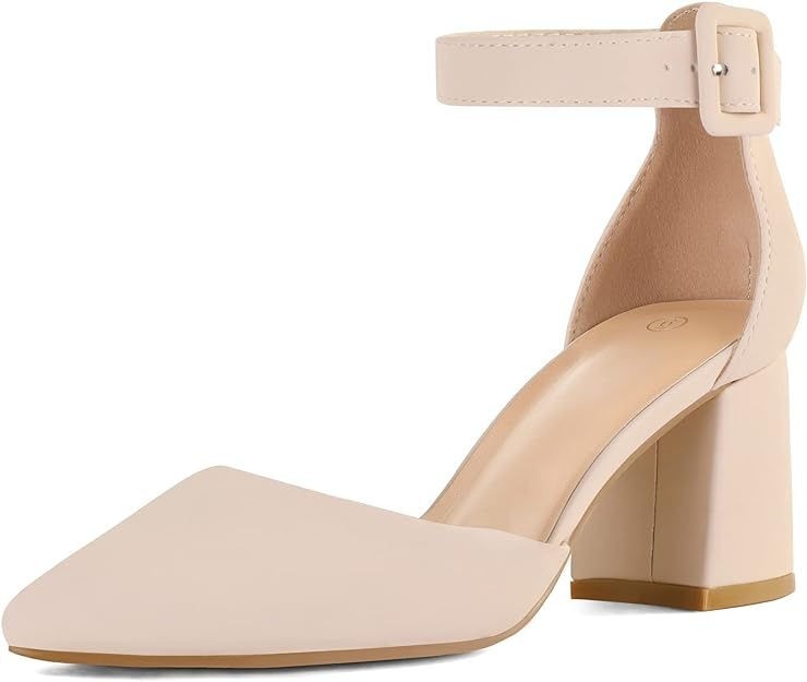 MySoft Women’s Pointed Toe Chunky Heel Ankle Strap Pumps – Nude – Size 8W