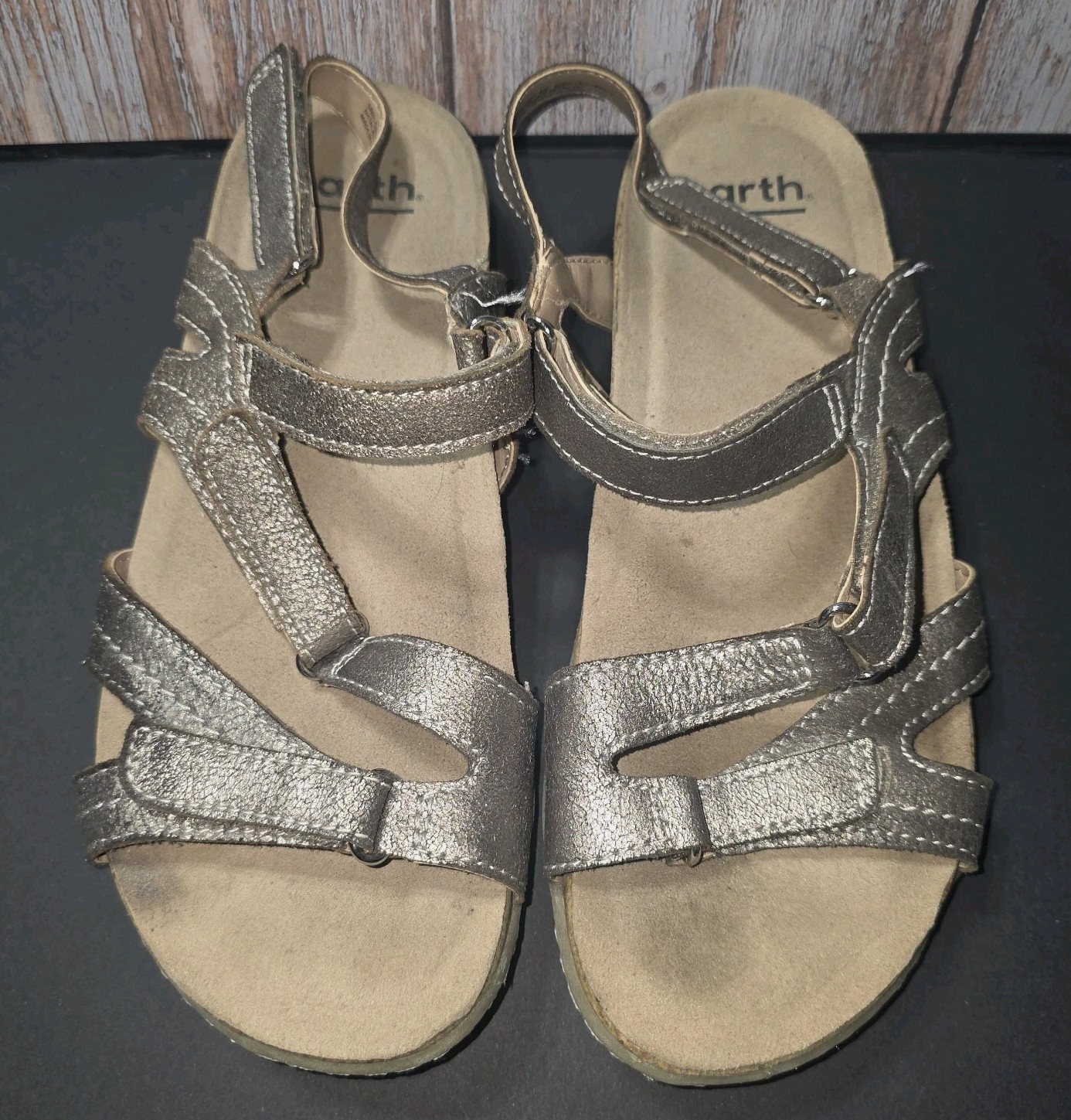 Earth Origins Metallic Pewter Silver Leather Strappy Slingback Comfort Sandals 8