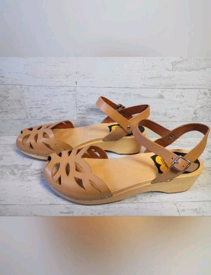 Swedish Hasbeens Wood Clogs Womens 38 Brown Leather Peep Toe Sandals Boho